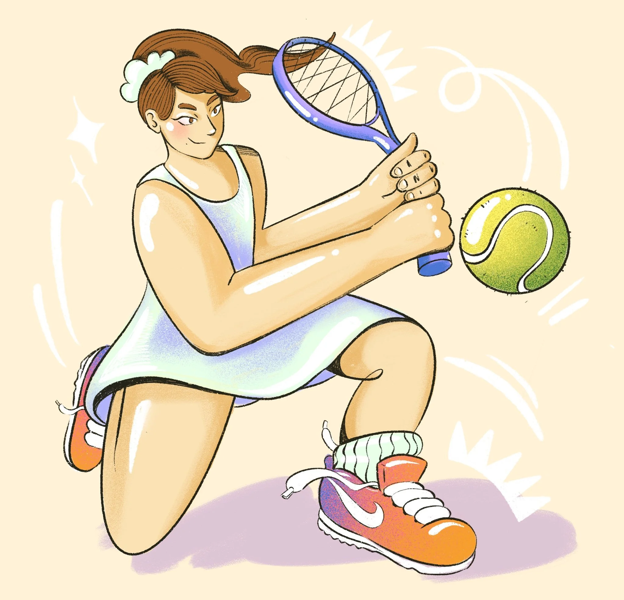 A woman with short brown hair in a bun, wearing a white tank top and colorful sneakers, is holding a tennis racket and appears to be playing tennis.