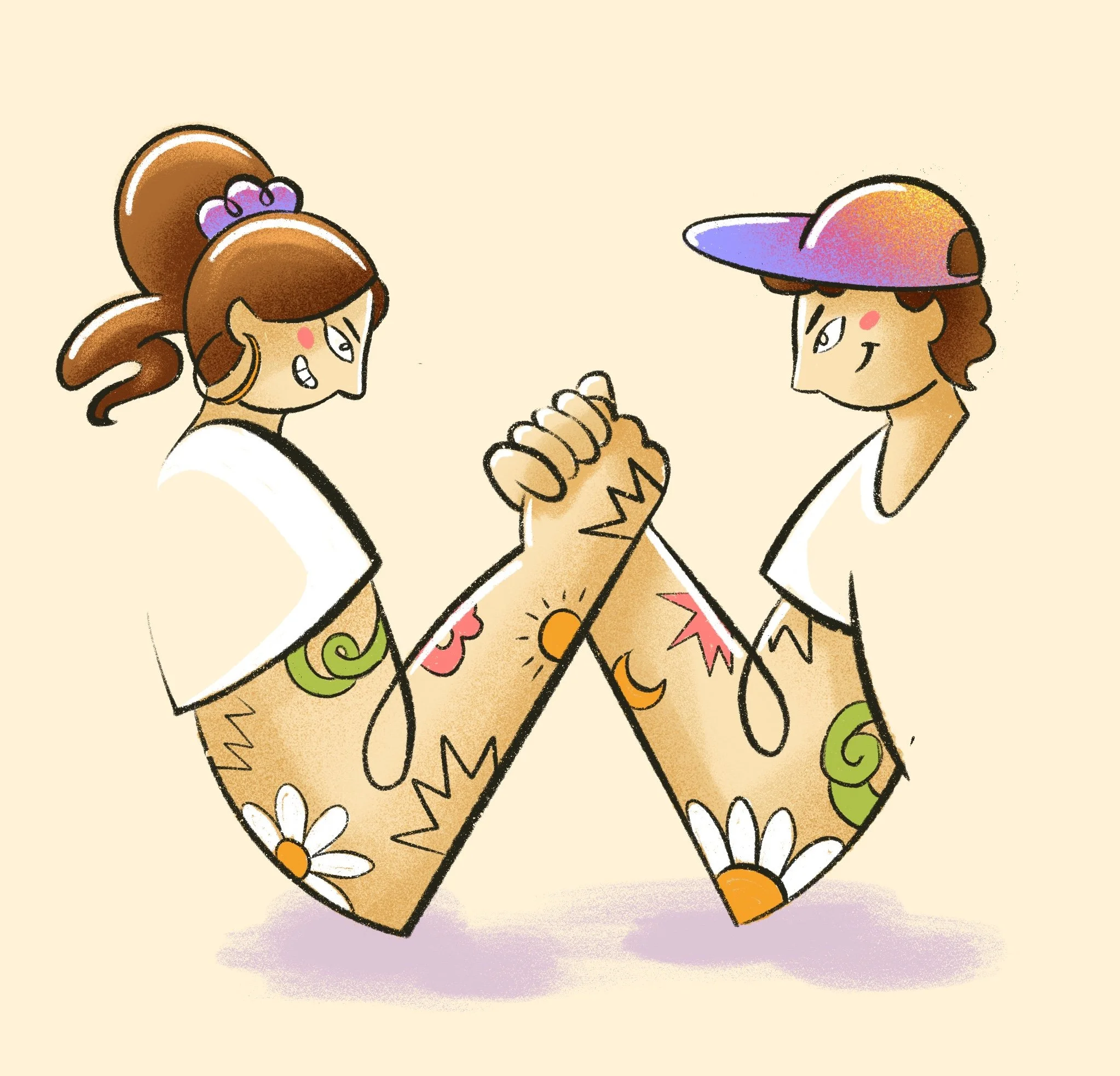 Two cartoon girls with brown hair, wearing colorful dresses and hats, are playing arm wrestling, laughing and smiling against a beige background.