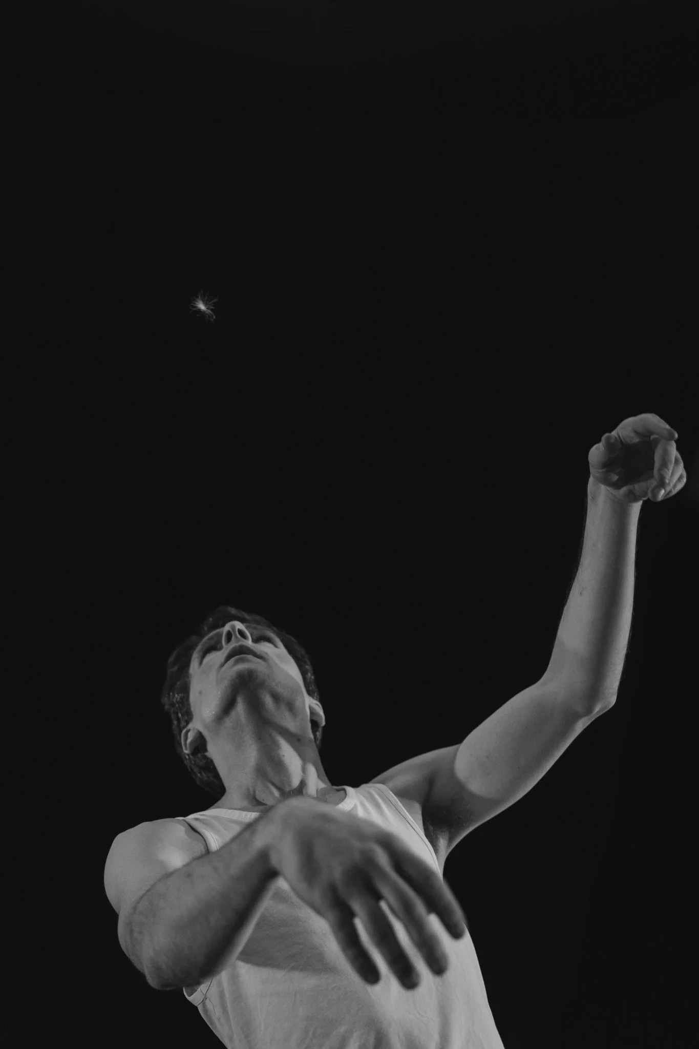 A person running outdoors at night, reaching upward with their arm, with a dandelion seed floating in the dark sky.