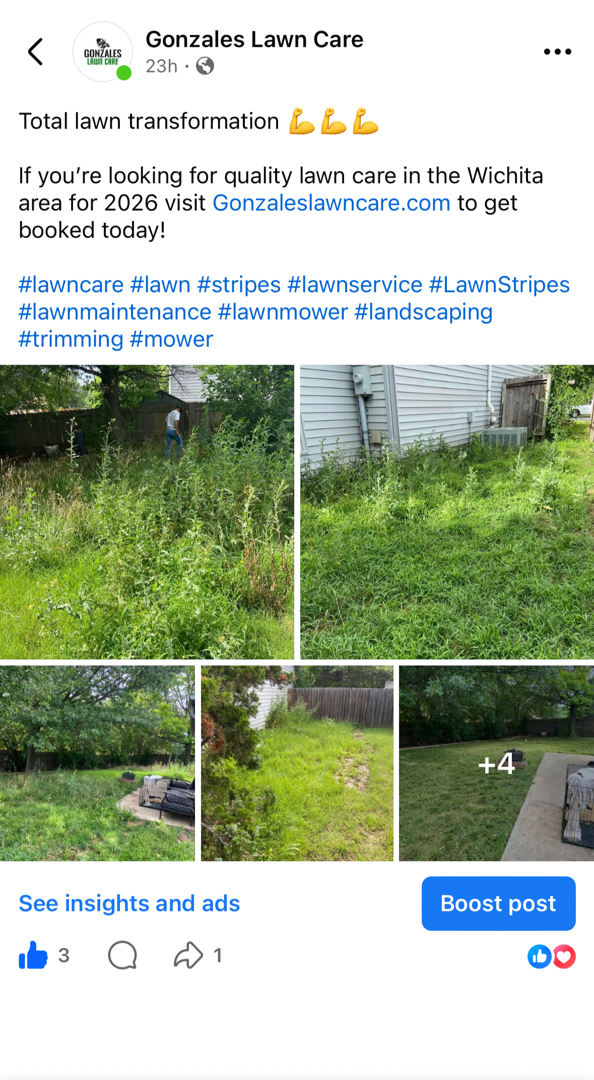 Before and after photos of a backyard with overgrown grass and weeds, showing a lawn cleaning and trimming process by Gonzalez's Lawn Care.