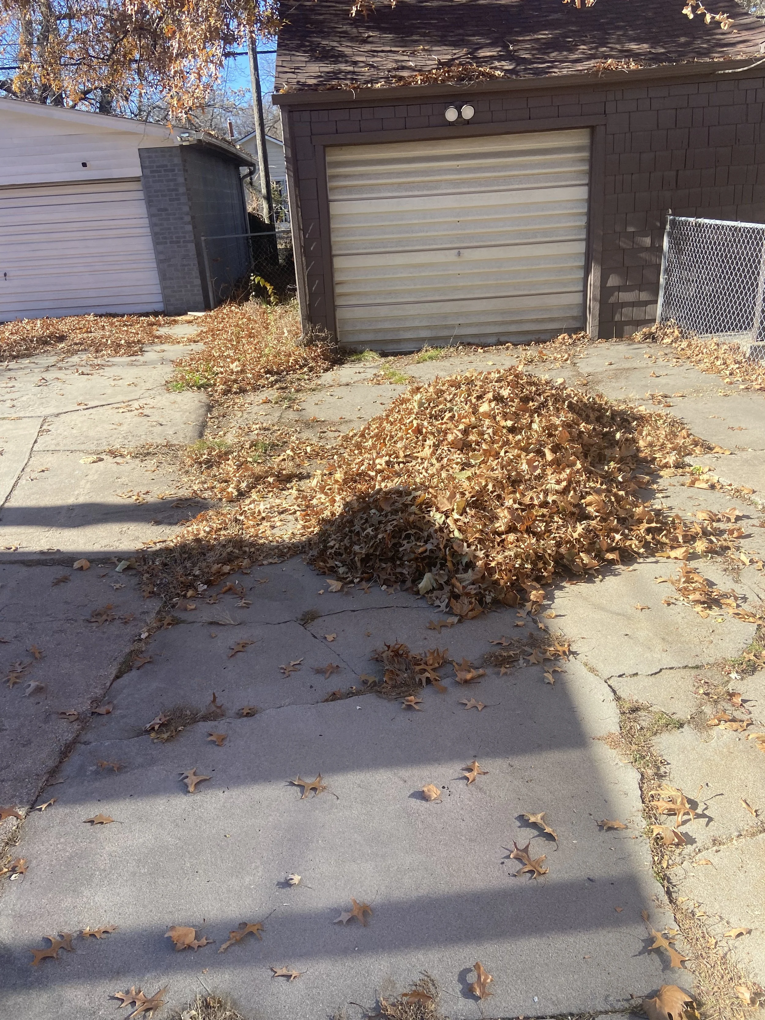 Piles of fallen dried leaves on a cracked sidewalk in front of a garage with a closed metal door. The background includes another garage, trees with orange leaves, and a chain-link fence.