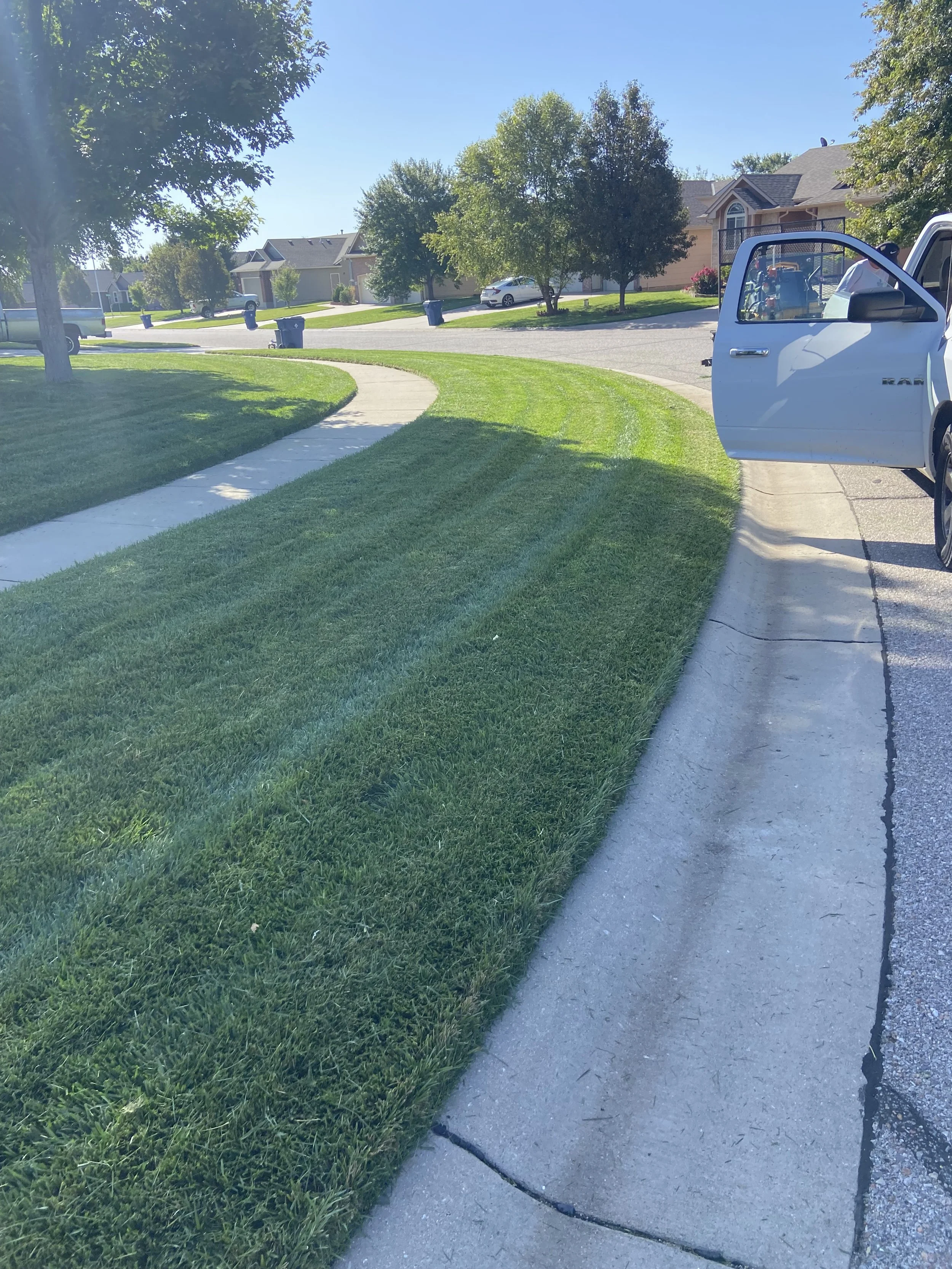 A suburban neighborhood with well-maintained lawns, a curved sidewalk, and parked vehicles, including a white truck with an open door on the right.
