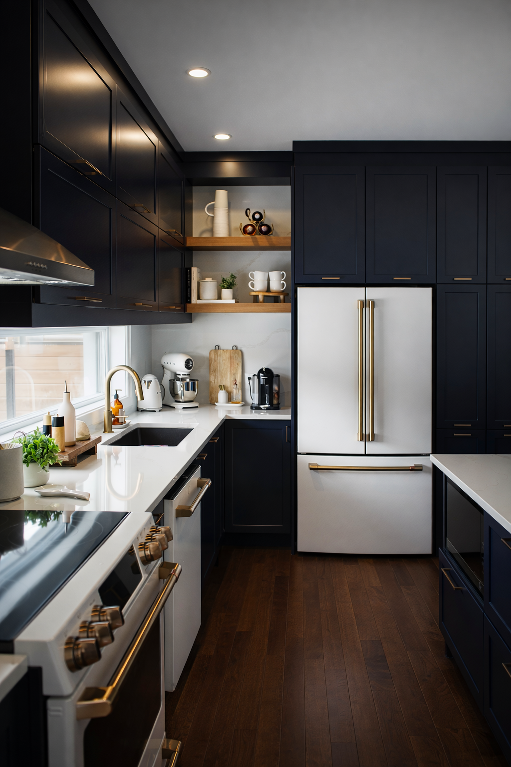 Modern kitchen with navy blue cabinets, white countertops, and bamboo shelves, featuring stainless steel appliances and wooden flooring.