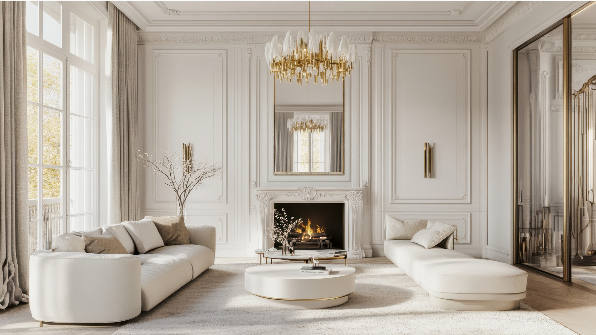 Elegant living room with white furniture, fireplace, gold chandelier, large windows, mirror above fireplace, and neutral decor.