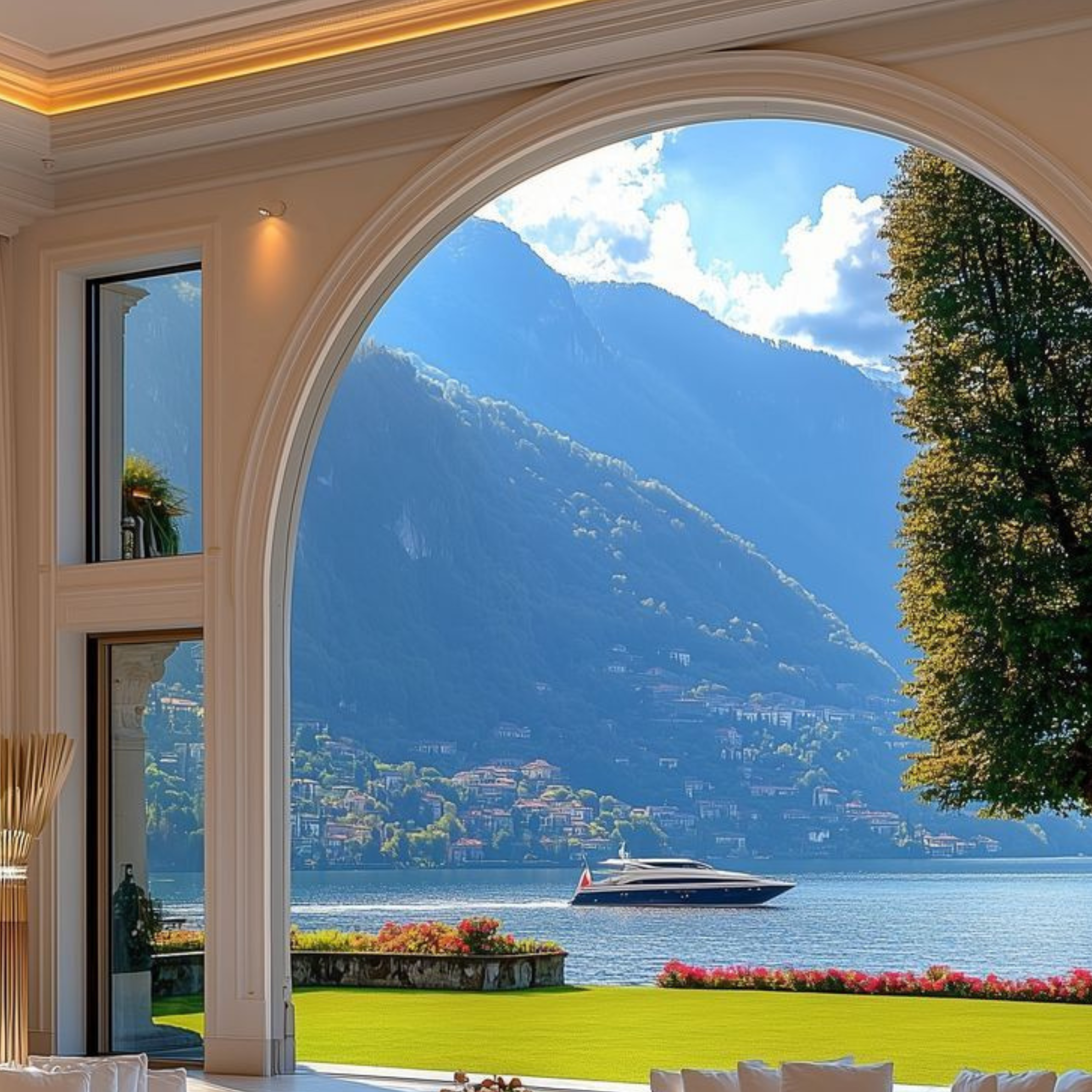 View of a lake with a yacht, surrounded by mountains and a town on the hillside, seen through a large arched window in a luxurious interior.