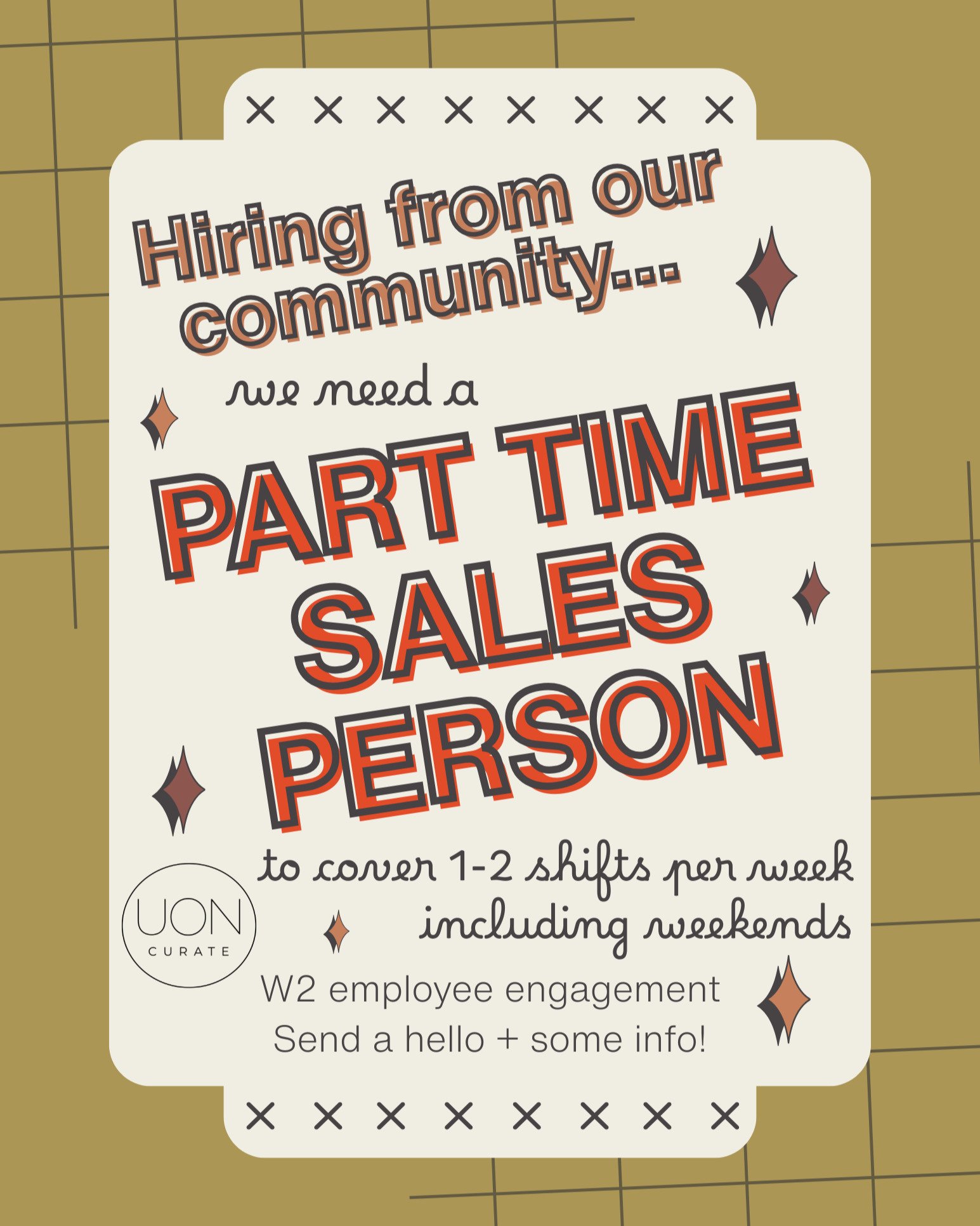 We're growing + we need your help 

&hearts;️🧡💛💚💙💜 

UON curate is hiring a part-time sales associate from our community.

We're looking for someone to cover 1&ndash;2 shifts per week (including weekends) who gets what we do: curated goods with 