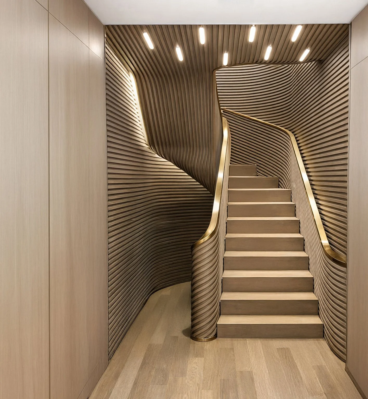 Interior view of a staircase with wooden steps and a gold-colored handrail, surrounded by wave-patterned wooden wall panels extending to the ceiling, with modern ceiling lights.