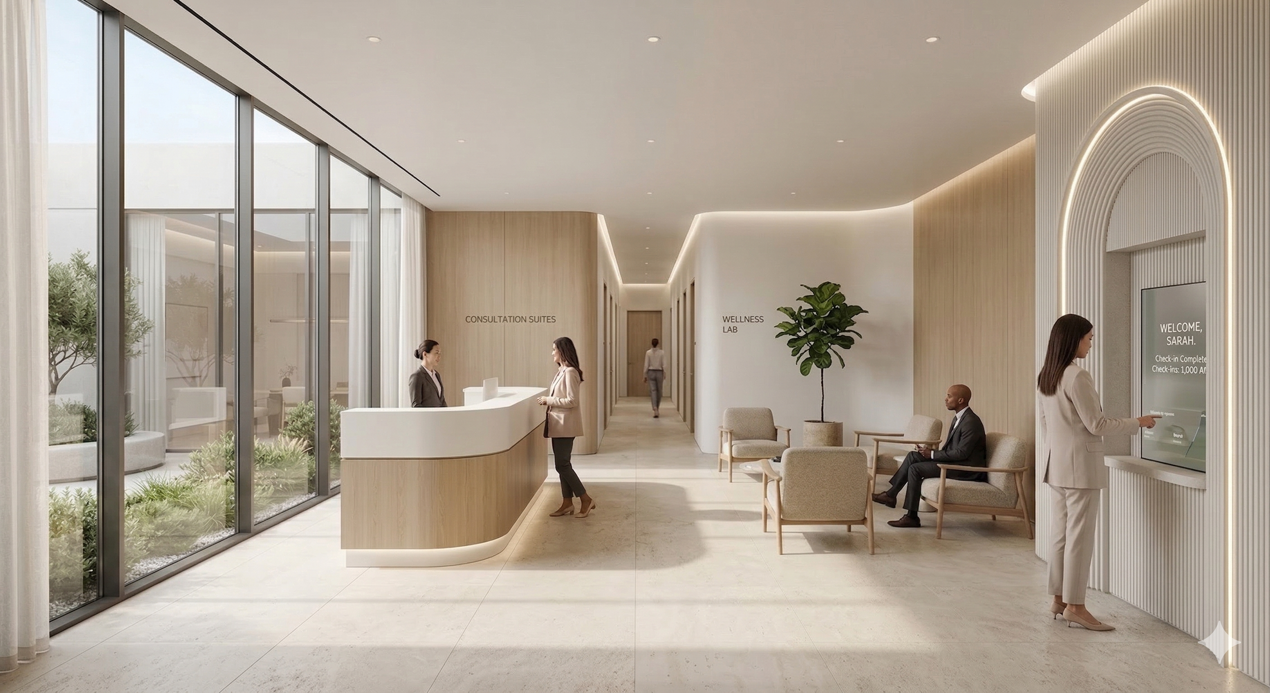 Modern hospital reception area with a front desk, seating area, and digital check-in kiosk. Several people are present, including a woman at the desk, a woman using the kiosk, and a man sitting in the waiting area.
