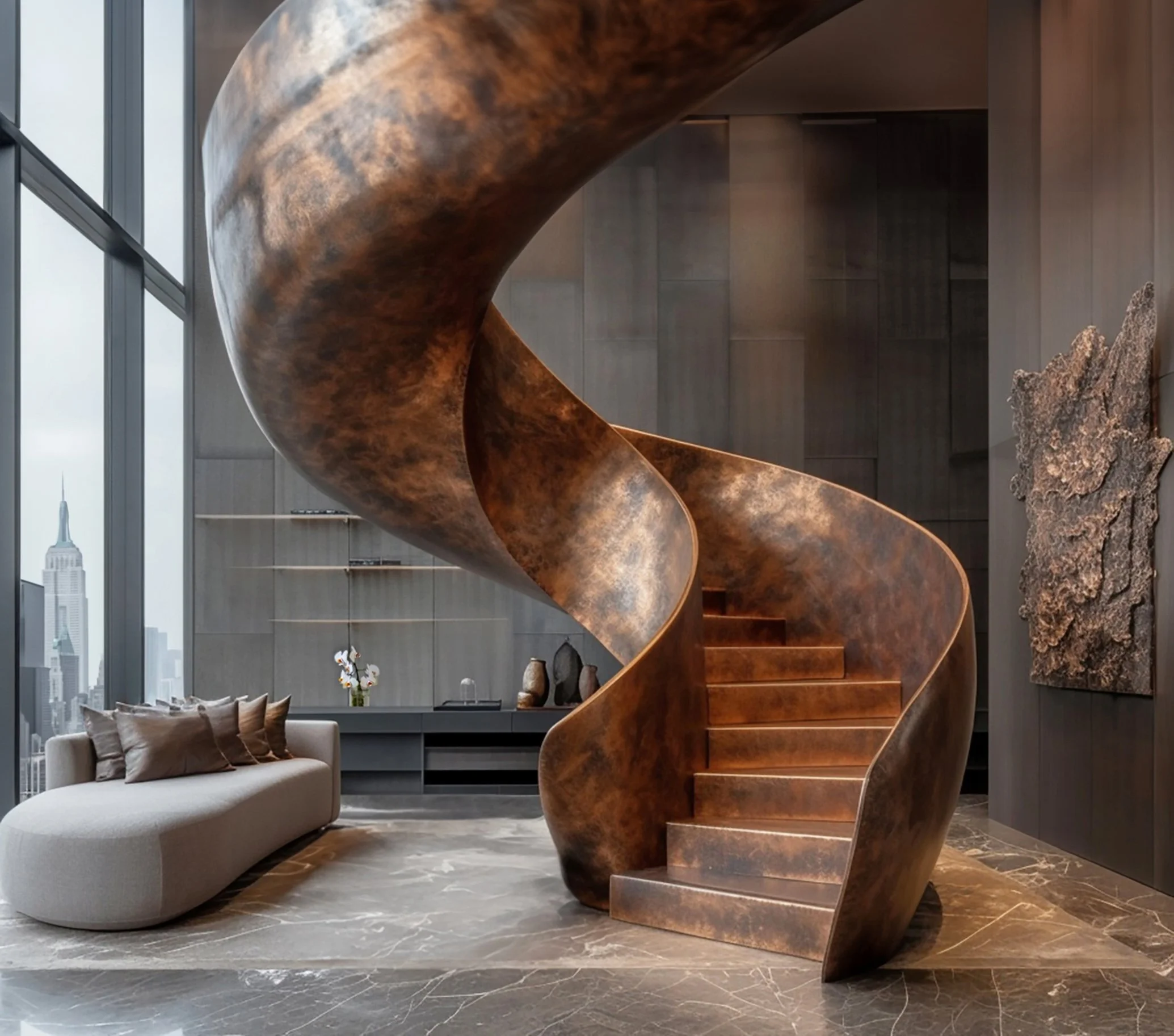 Interior of a modern high-rise apartment with a large bronze spiral staircase, a curved beige sofa with pillows, a window with a city view including the Empire State Building, and contemporary wall art.
