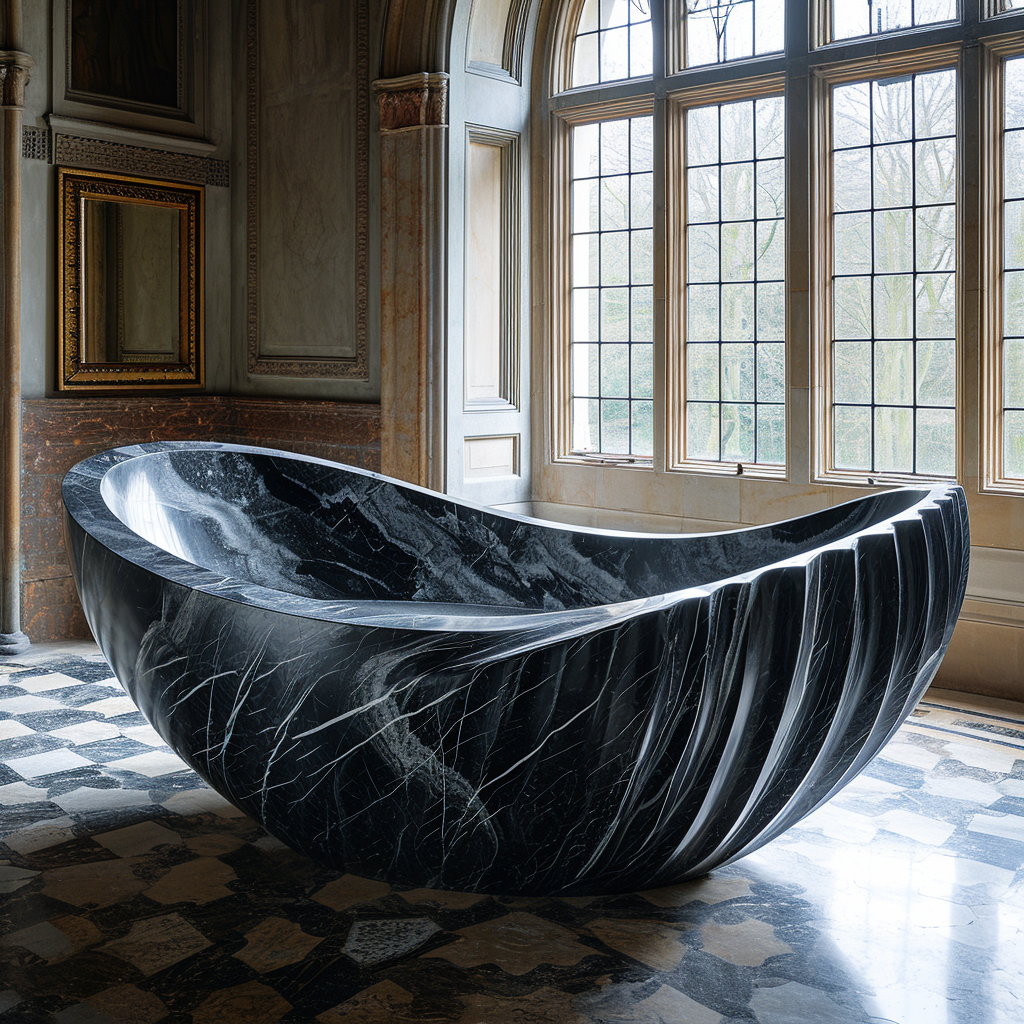 A luxurious black marble bathtub with white veining, situated in a historically styled room with large grid-pane windows, decorative wall panels, and a checkered black and white marble floor.