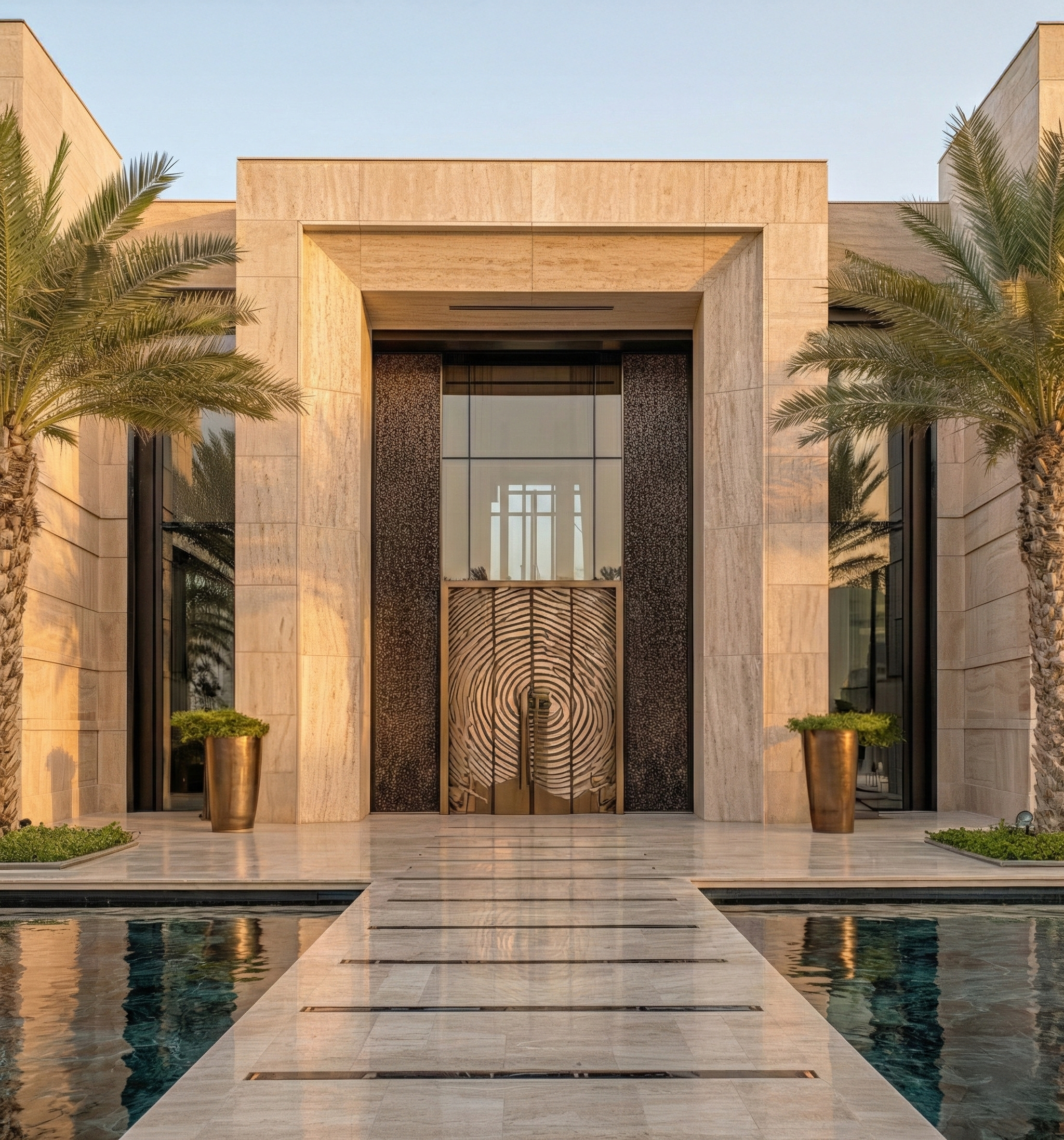 Modern building with a glass entrance, palm trees on each side, and a water feature reflecting the facade, lit by warm sunlight.