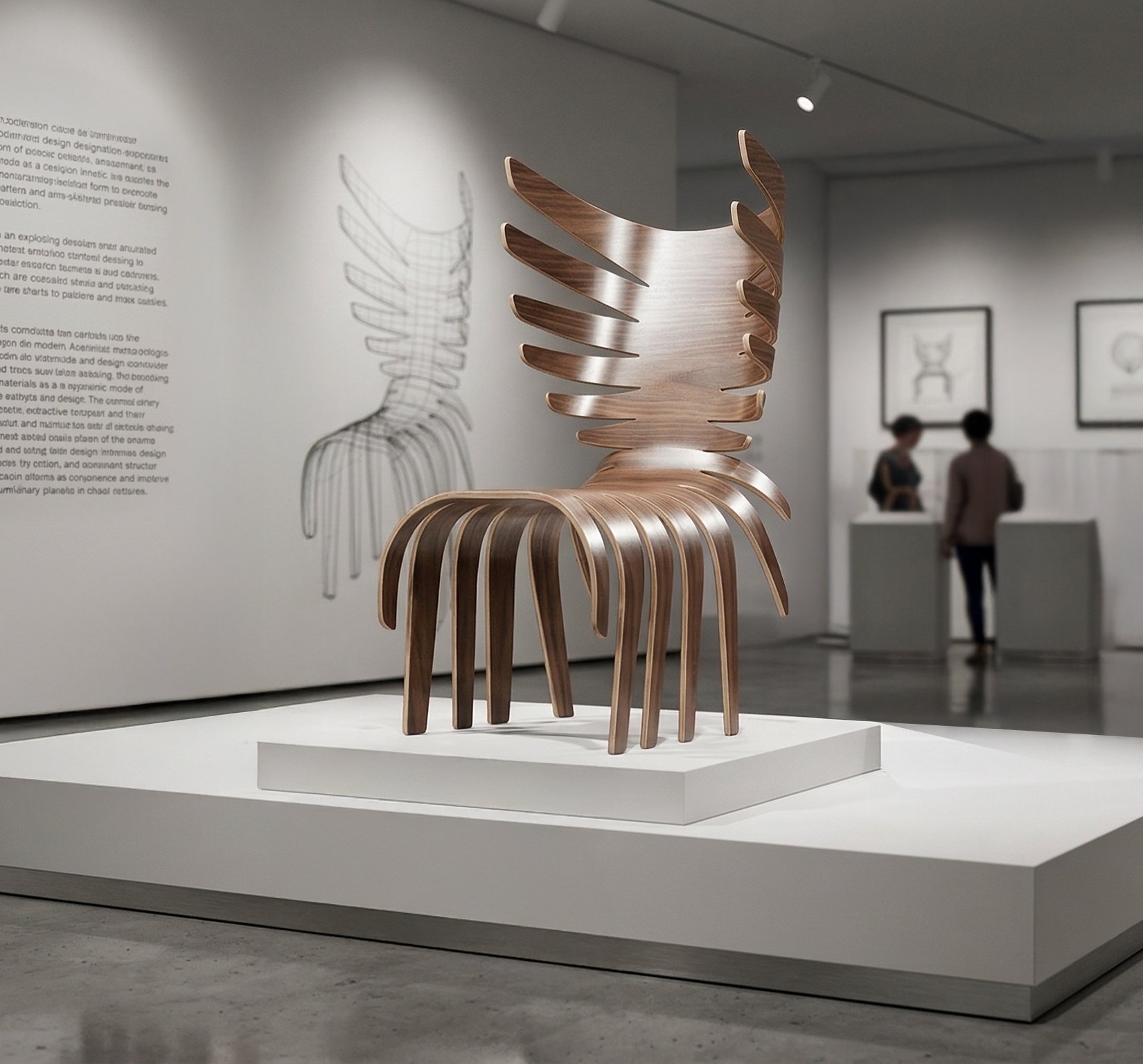 A modern art sculpture resembling a stylized chair with a backrest made of horizontal wooden slats and a seat formed by curved wooden pieces, displayed on a white pedestal in an art gallery.