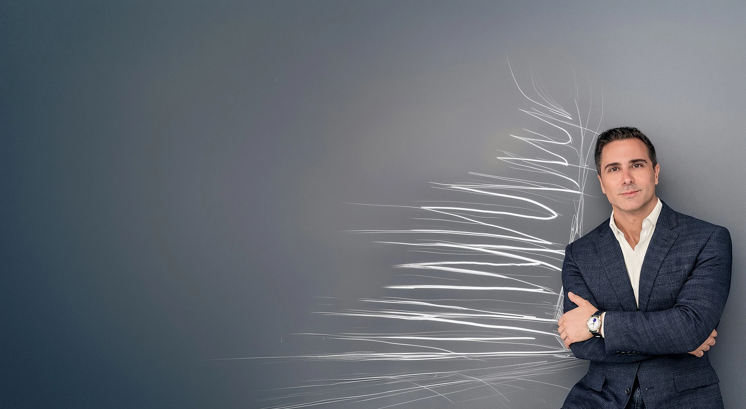 A man in a dark suit with a white shirt, standing with arms crossed against a dark gray wall with white abstract line art.