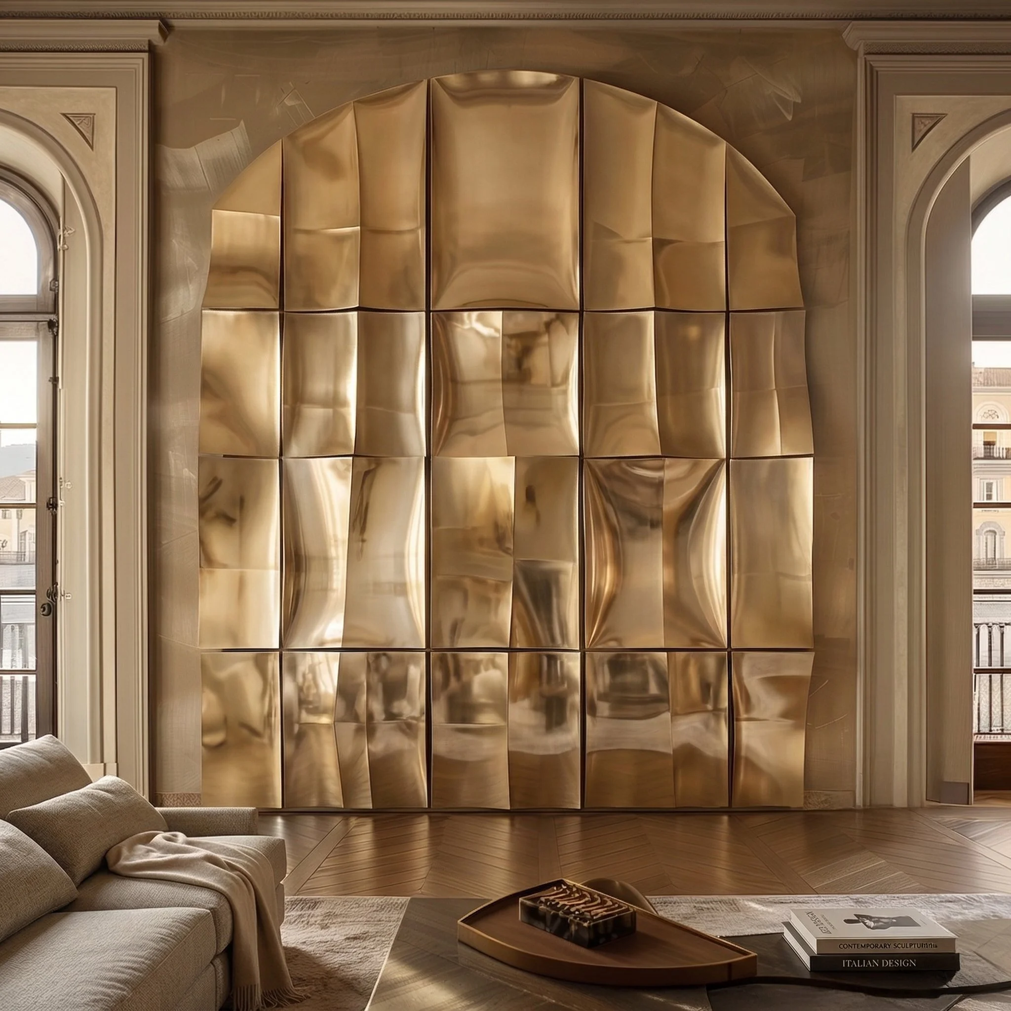 A modern interior room with a large, gold metallic wall sculpture made of square panels. The room has large windows, a seating area with a beige couch, and a coffee table with books and decorative items.