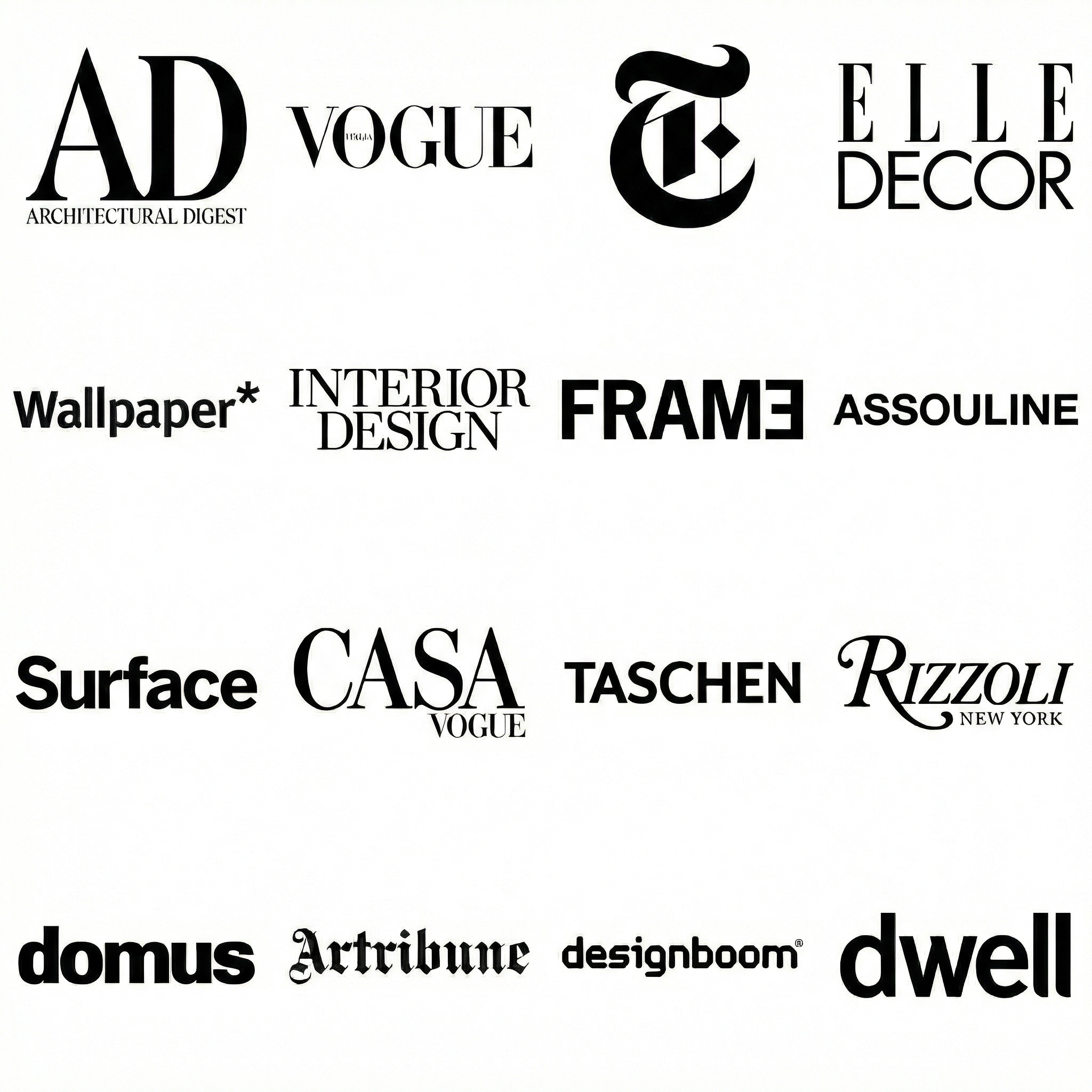 A collection of black text logos of various interior design and architecture publications and brands, including AD, Vogue, The New York Times, Elle Decor, Wallpaper, Interior Design, Frame, Assouline, Surface, Casa Vogue, Taschen, Rizzoli, Domus, Artribune, Designboom, and Dwell.