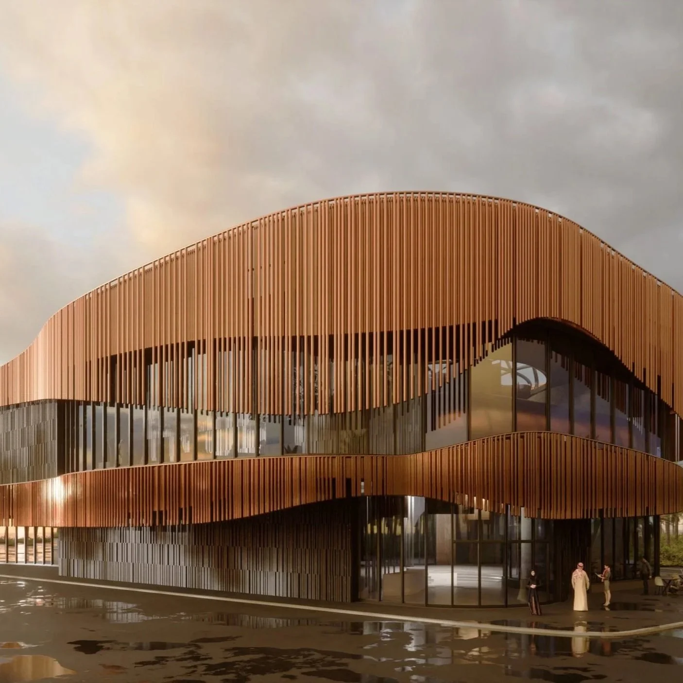 Modern building with curved wooden facade and glass windows, people standing outside, cloudy sky in the background.