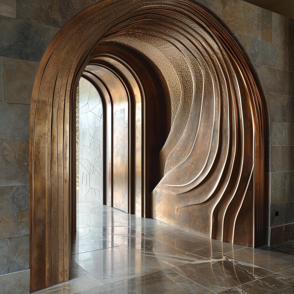 An architectural interior featuring a metallic, curved, tunnel-like structure with layered, wave-like design elements and a reflective marble floor.