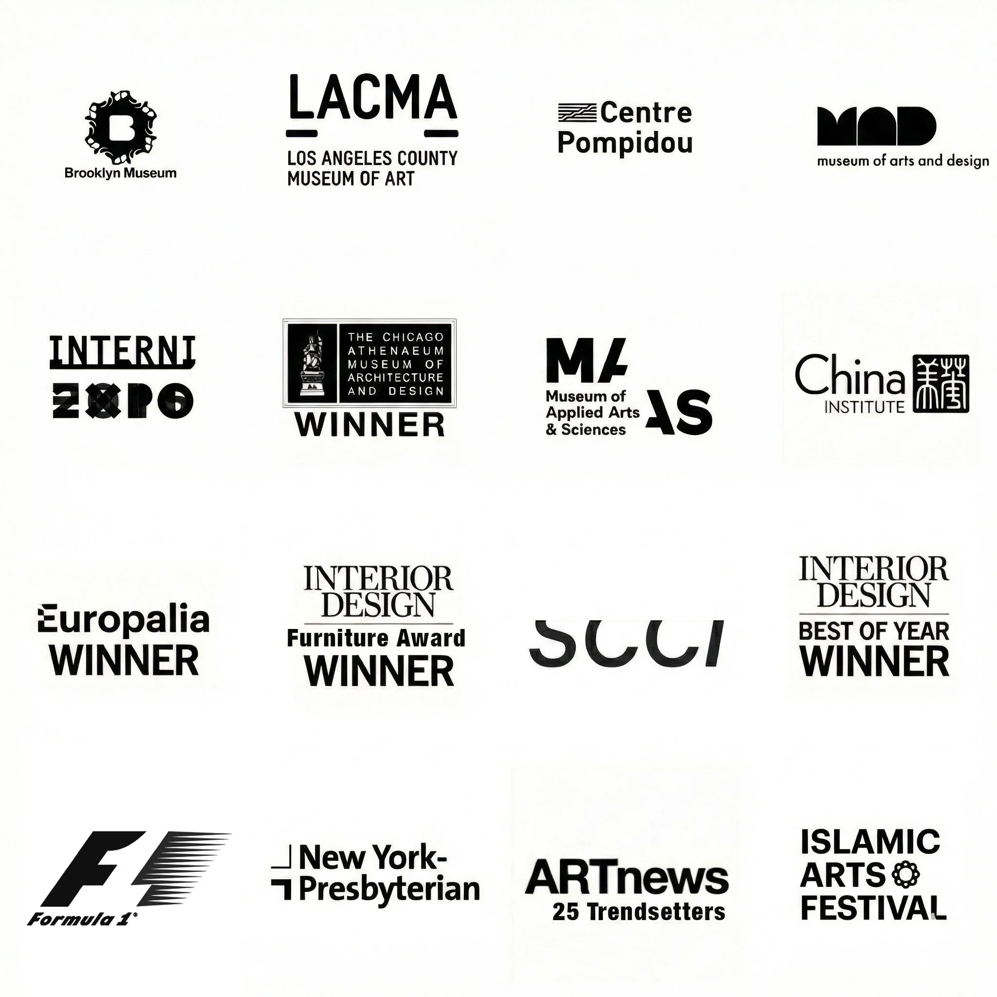 A collage of black and white logos from various art, architecture, design, and cultural organizations and awards.
