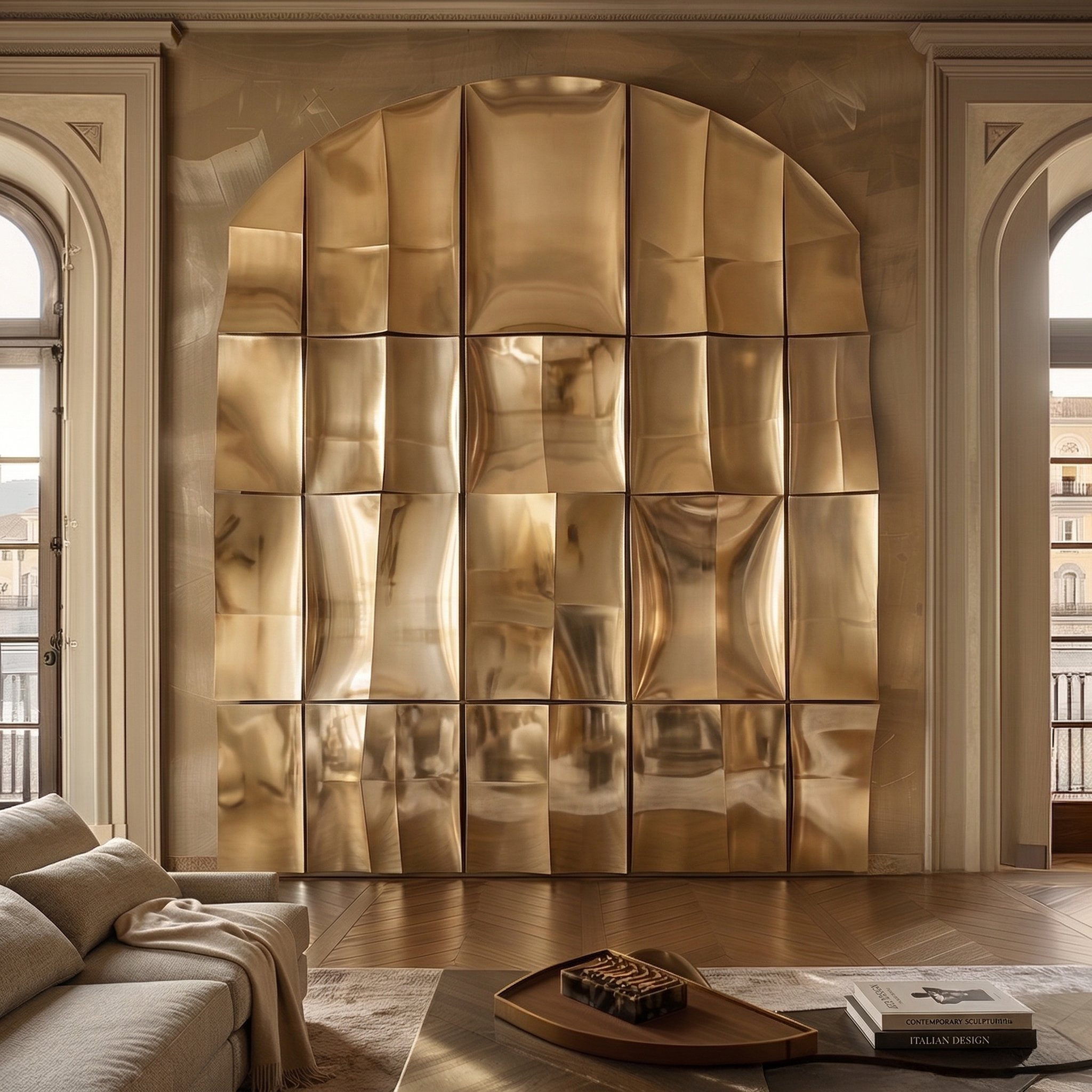 A contemporary living room with a large, shiny gold, textured wall sculpture. There is a beige sofa with a blanket, a wooden coffee table with books and a tray, and windows on each side letting in natural light.