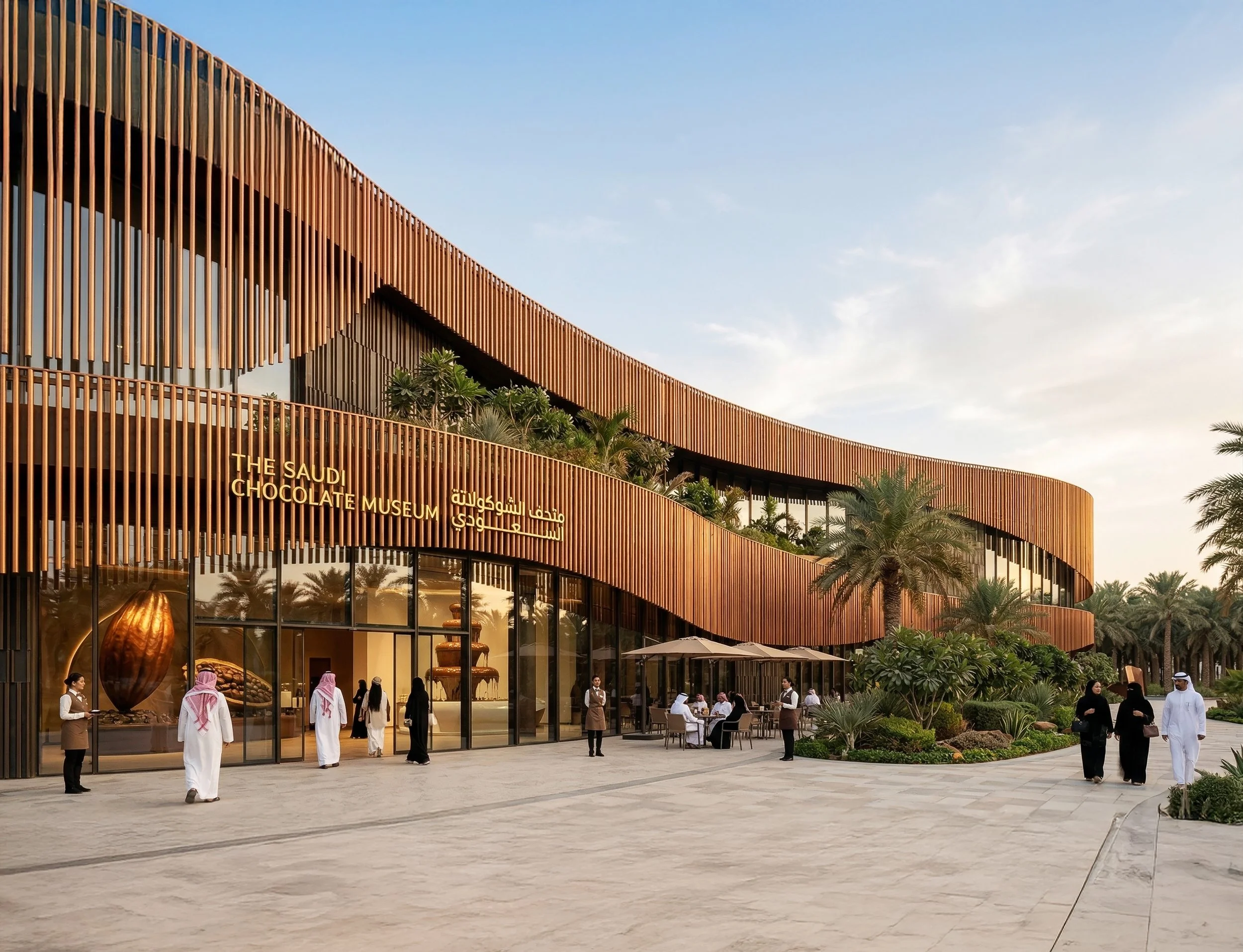 Exterior view of The Saudi Chocolate Museum, a modern building with a curved wooden facade, palm trees, and people walking and sitting outside.