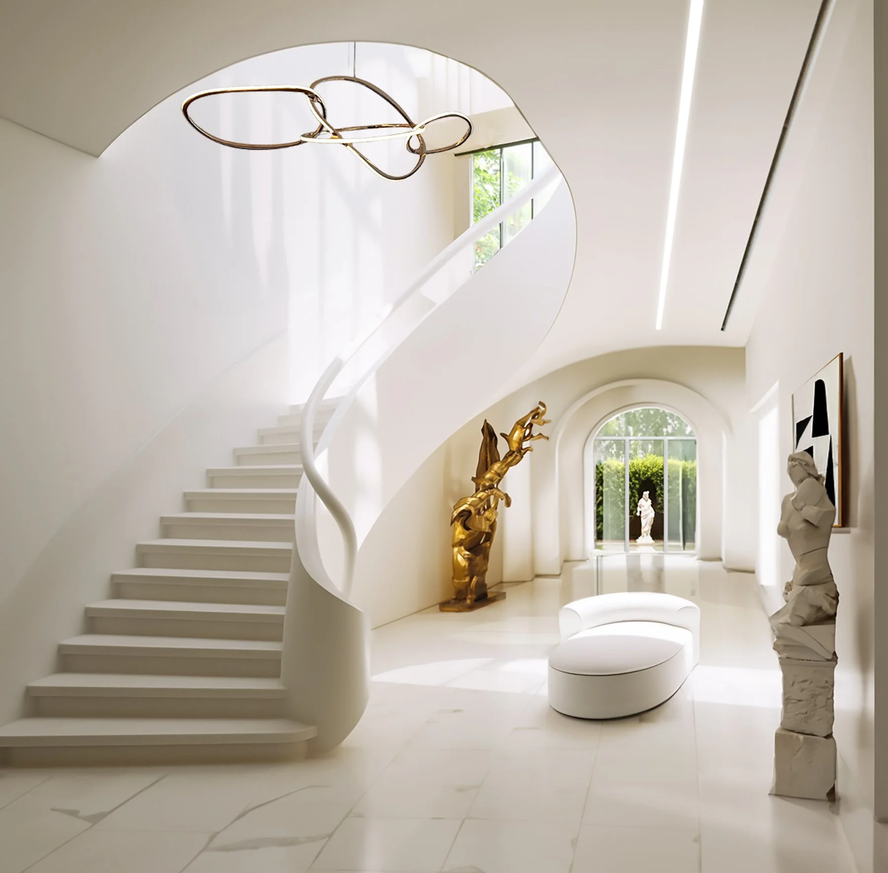 Modern, white staircase with a curving handrail inside a bright, elegant house. Art sculptures, including a gold-colored sculpture and a white textured sculpture, decorate the space. An oval-shaped white bench is in the foreground. Large windows and an arch-shaped doorway show greenery outside.