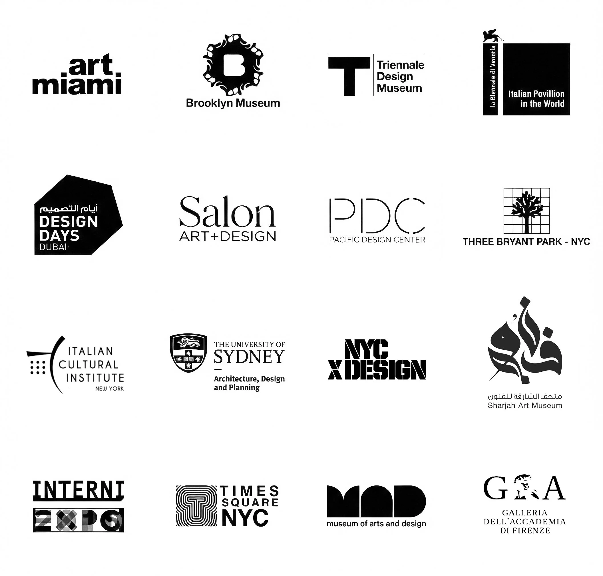 A collection of black and white logos of various art, design, and cultural institutions and events, including Art Miami, Brooklyn Museum, Triennale Design Museum, Venice Biennale, Design Days Dubai, Salon Art + Design, Pacific Design Center, Three Bryant Park NYC, Italian Cultural Institute, University of Sydney Architecture, Design and Planning, NYC X Design, Sharjah Art Museum, Intern Expo, Times Square NYC, Museum of Arts and Design, and Galleria dell'Accademia di Firenze.