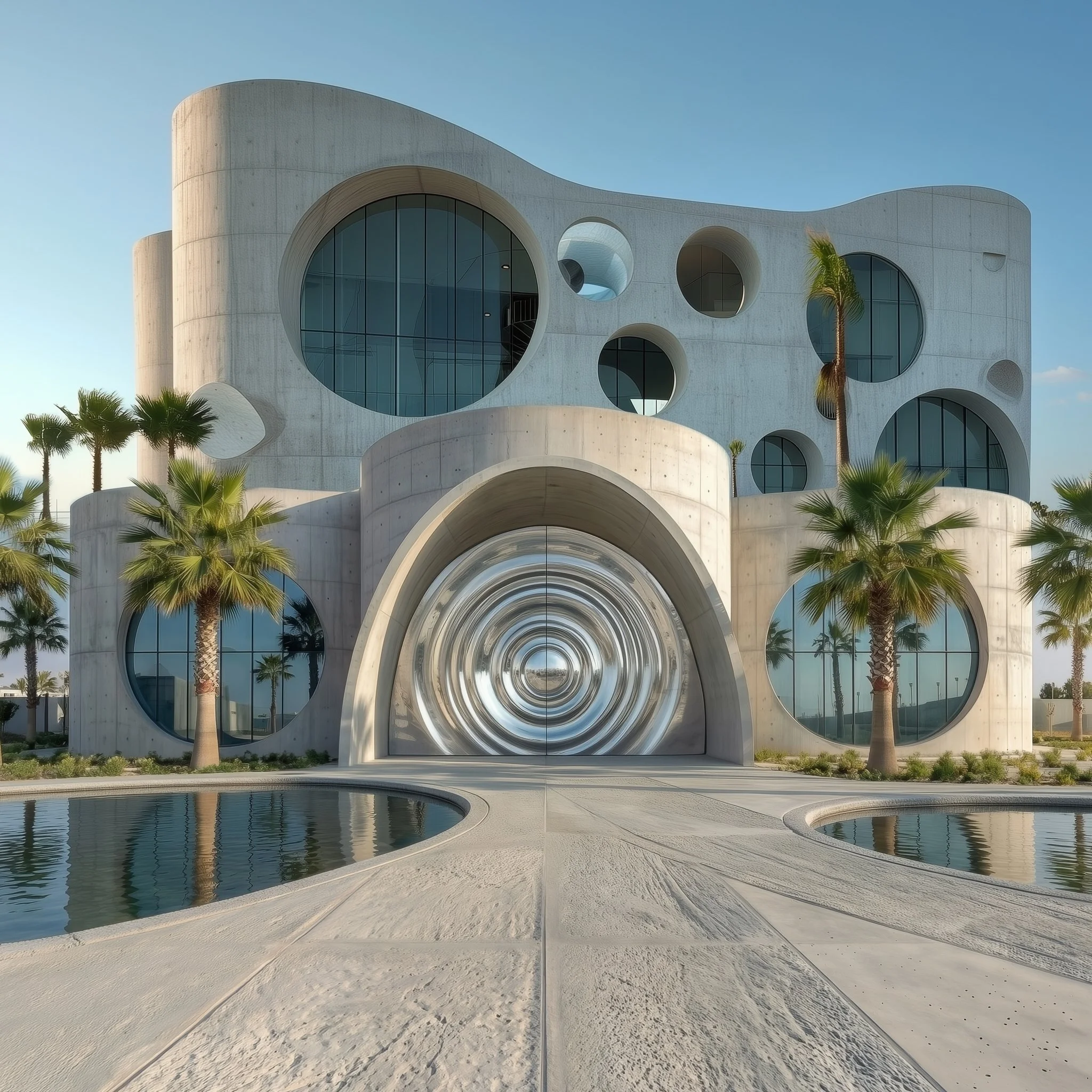 Modern building with circular windows and a spiral tunnel entrance, surrounded by palm trees and water features.