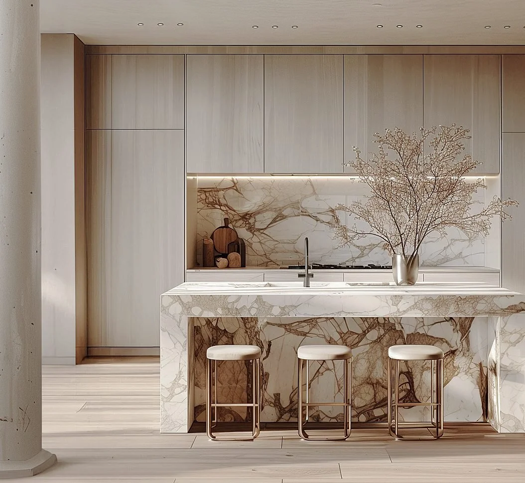 Modern kitchen with marble island and backsplash, wooden cabinetry, and a vase with dried branches.