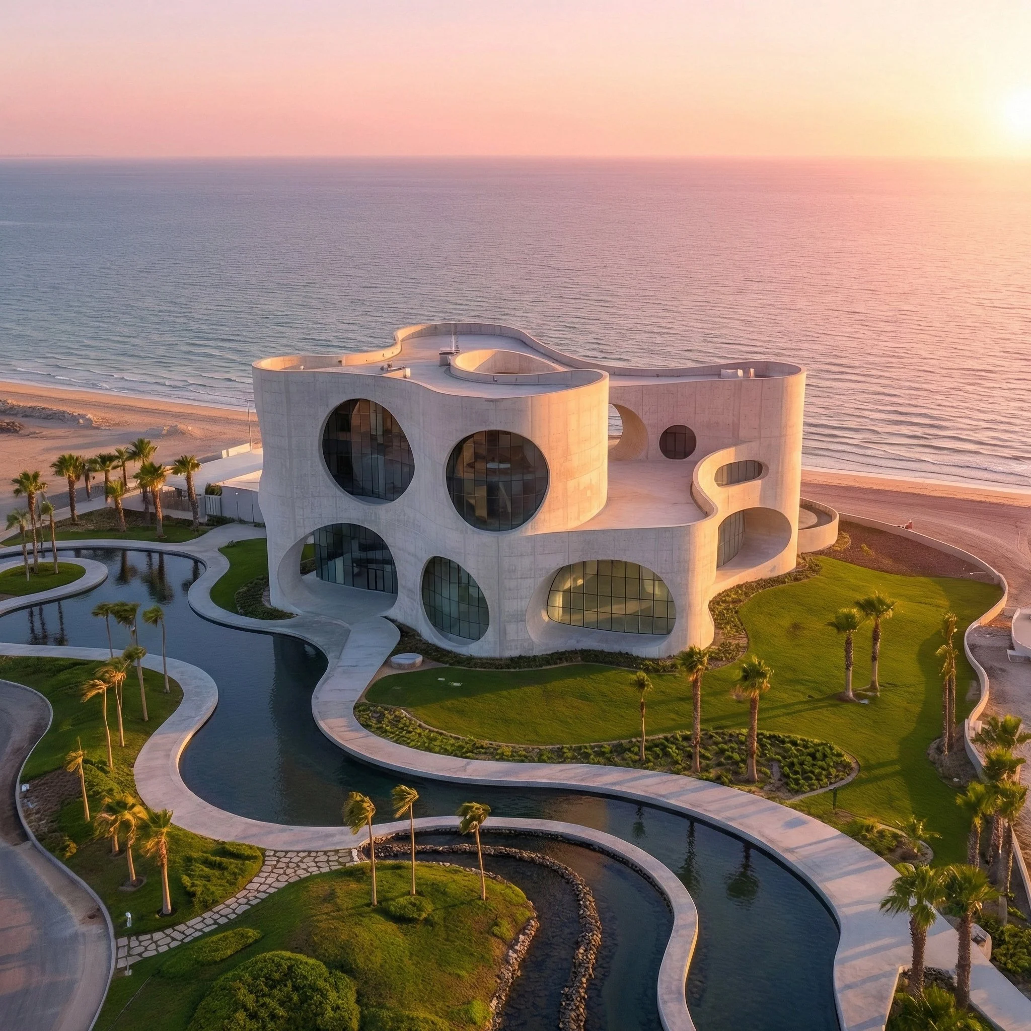 Modern, curvy white house with large circular windows, surrounded by a landscaped yard with palm trees, a winding pool, and a beach in the background during sunset.