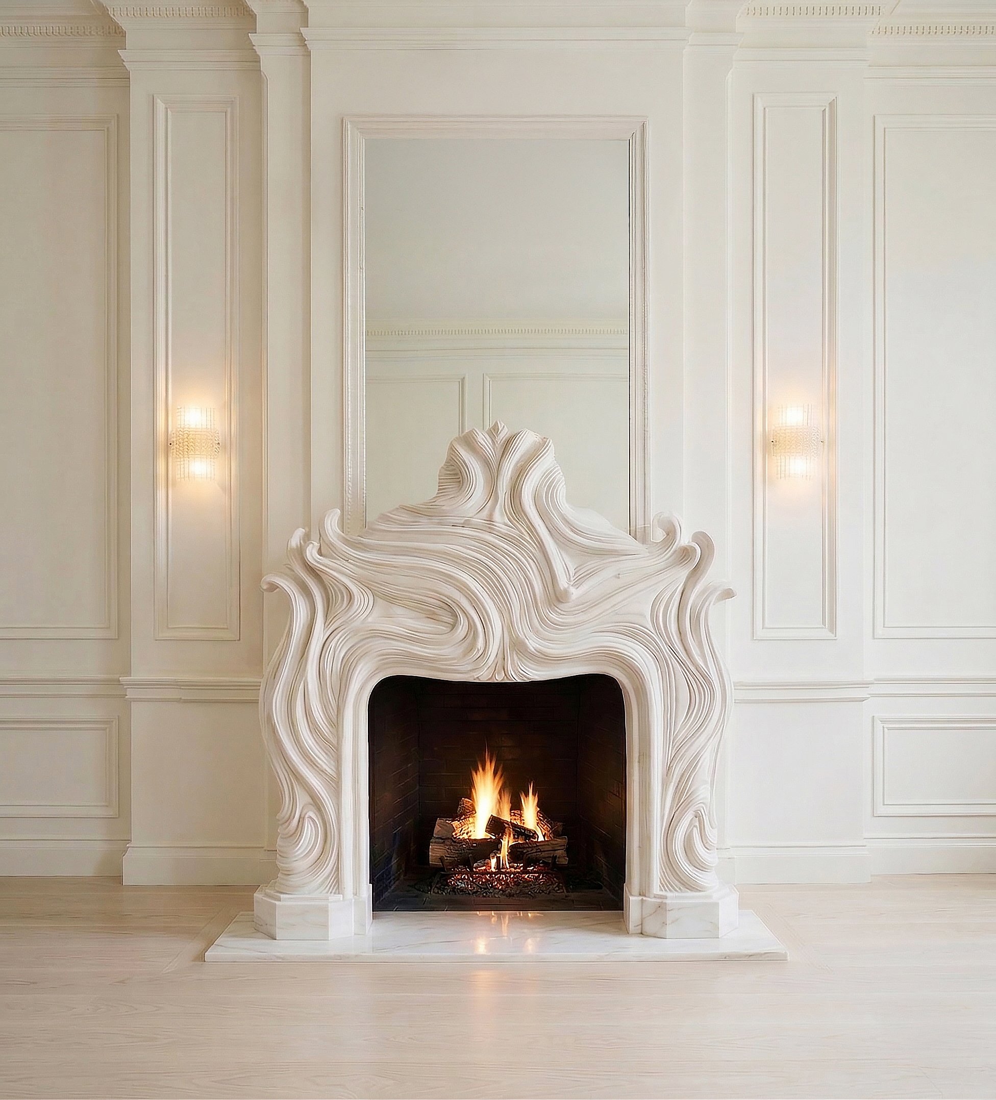 Elegant modern fireplace with an ornate white carved mantel, lit with a fire inside, set against a white paneled wall with two wall sconces.