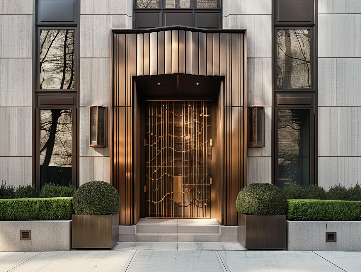 Modern building entrance with ornamental golden door, flanked by greenery in metallic planters, and large glass windows reflecting trees.