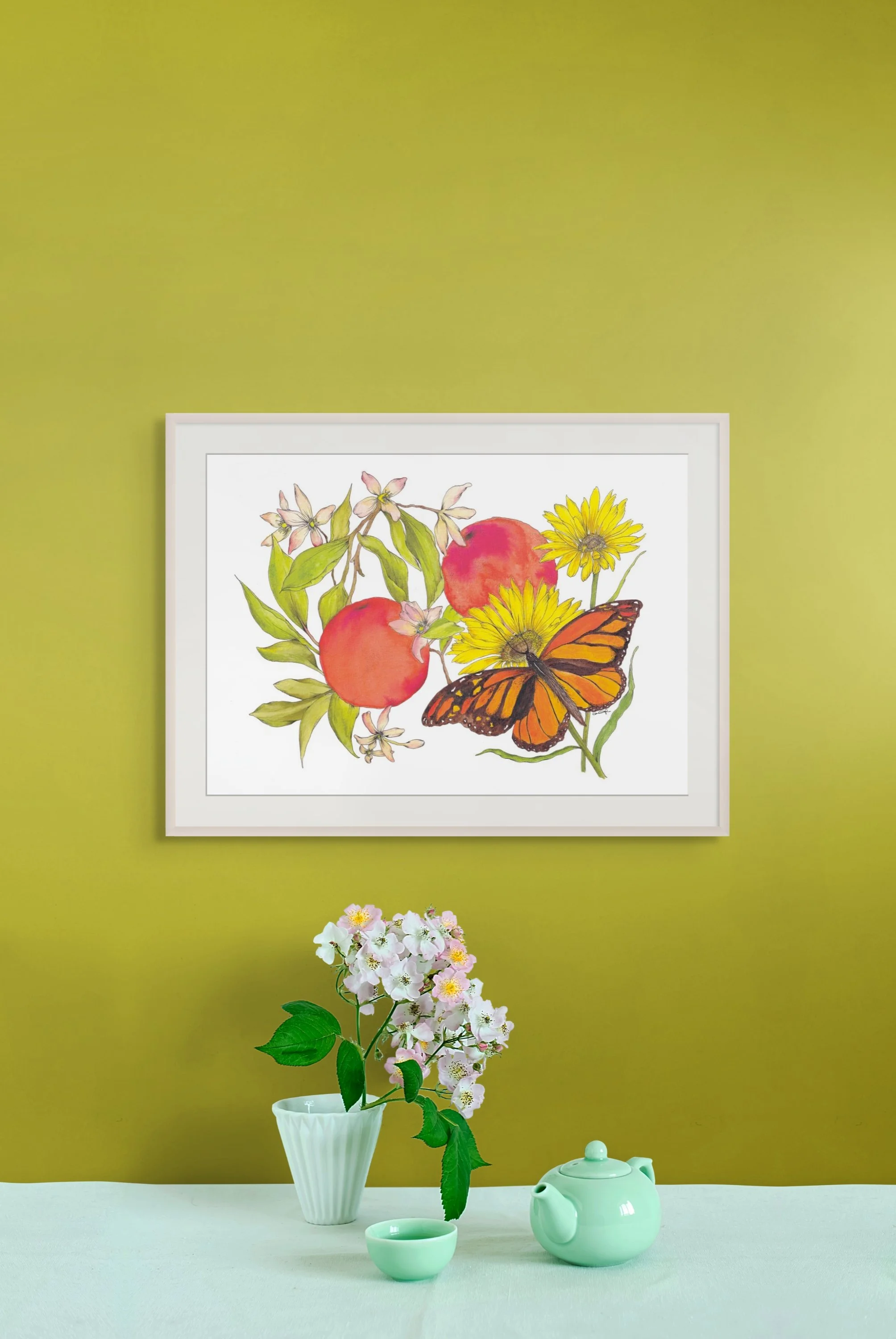 Orange citrus fine art print with monarch butterfly. - Brightly coloured wall art.