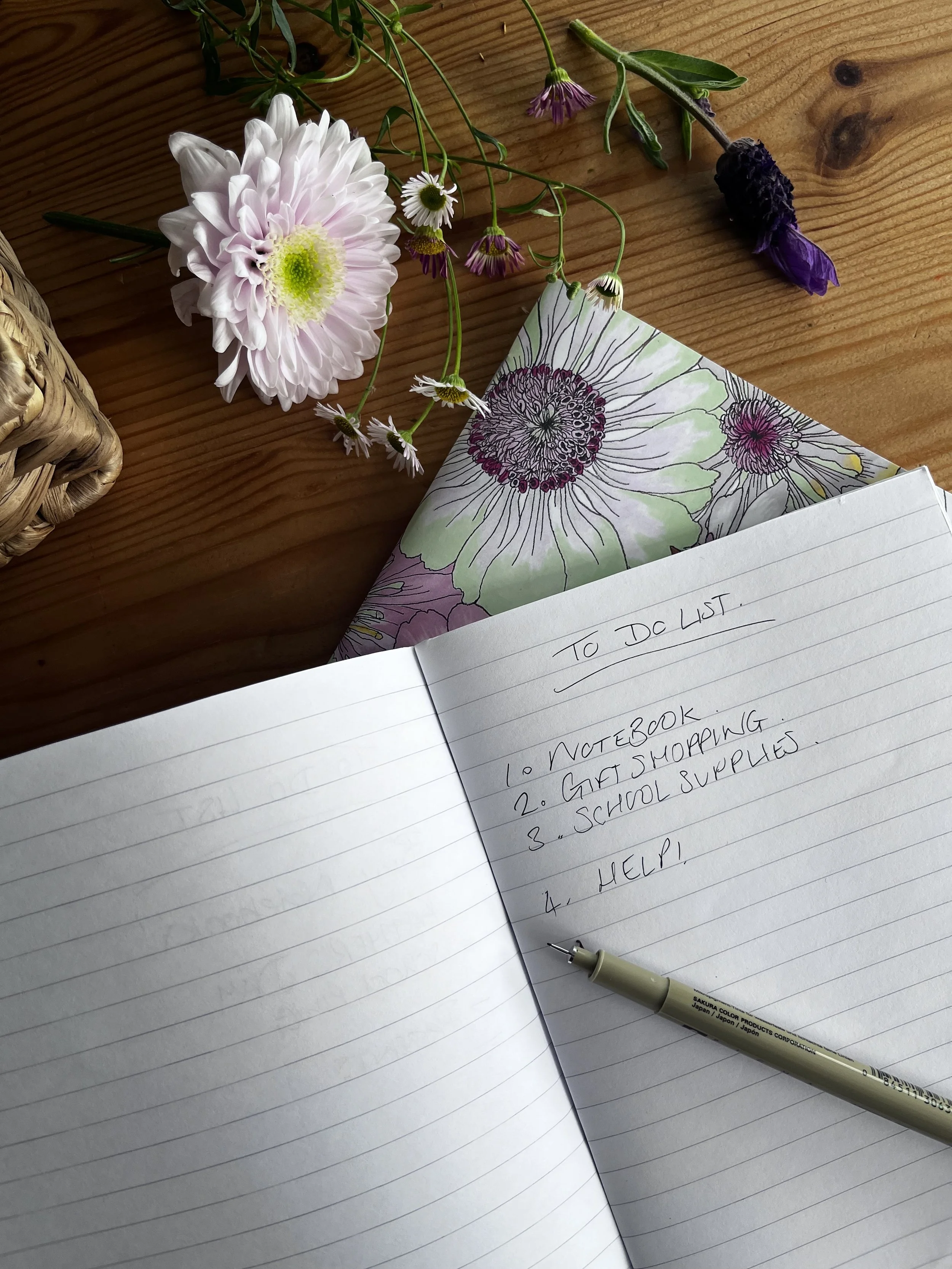 Pale pastel patterned notebook pictures under n open notebook with a to do list written on it. Some flowers are visible in the background.