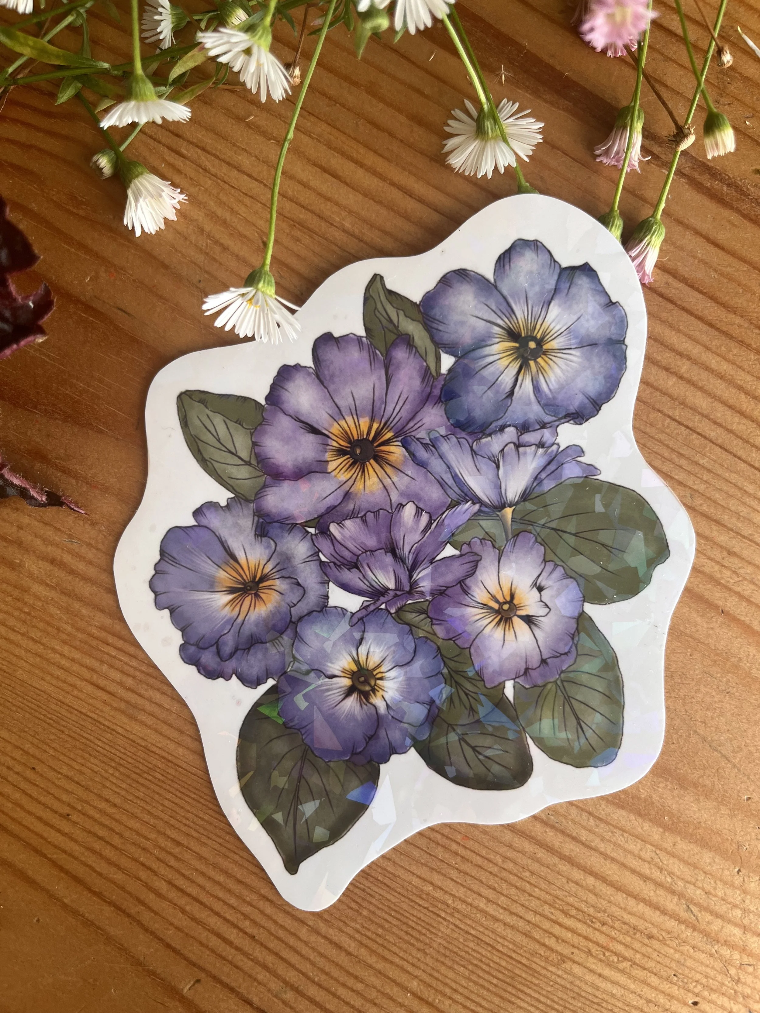 Holographic vinyl sticker - purple primrose sticker