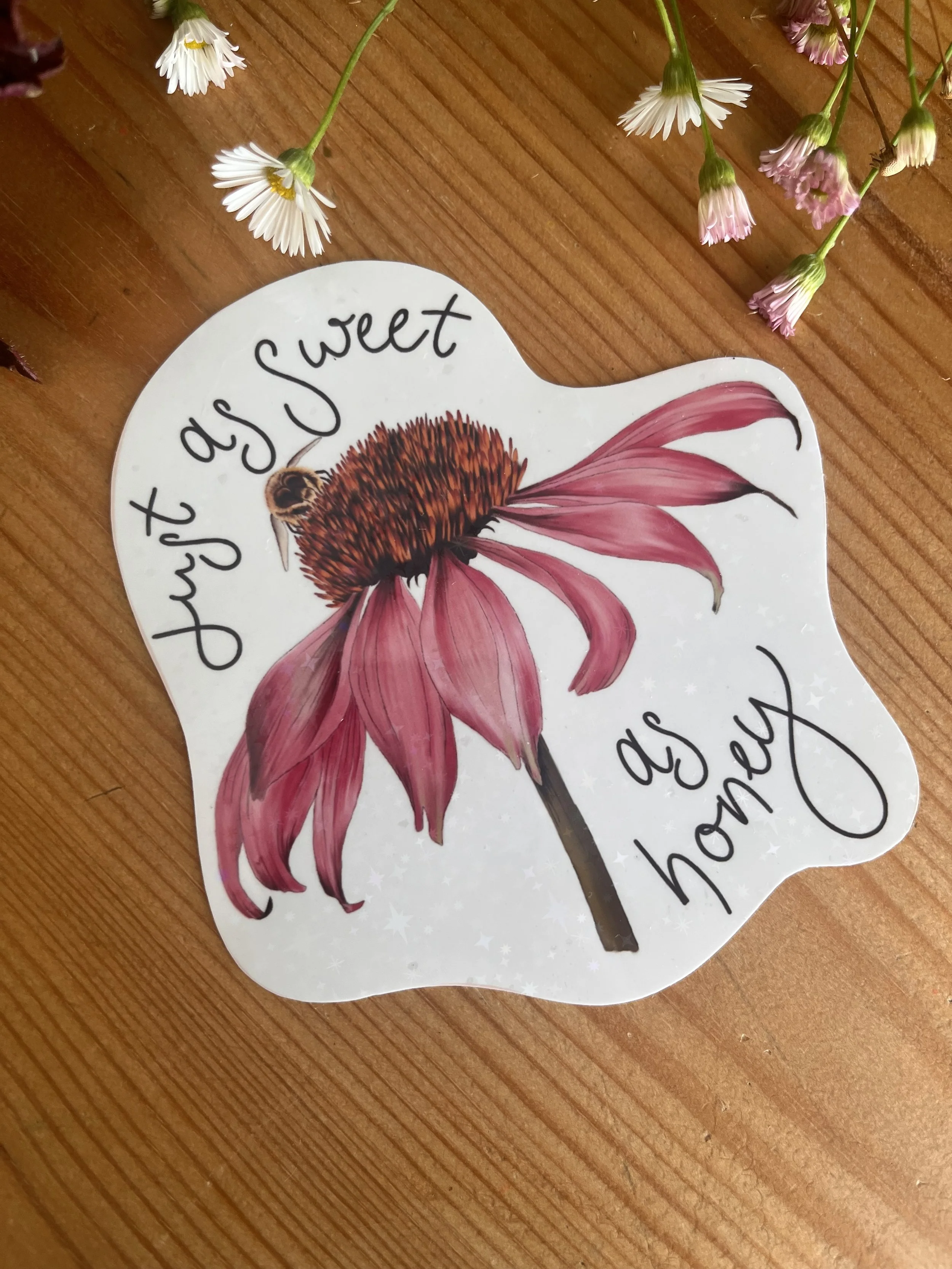 Yellow echinacea flower sticker photographed on a wooden background with daisy flowers