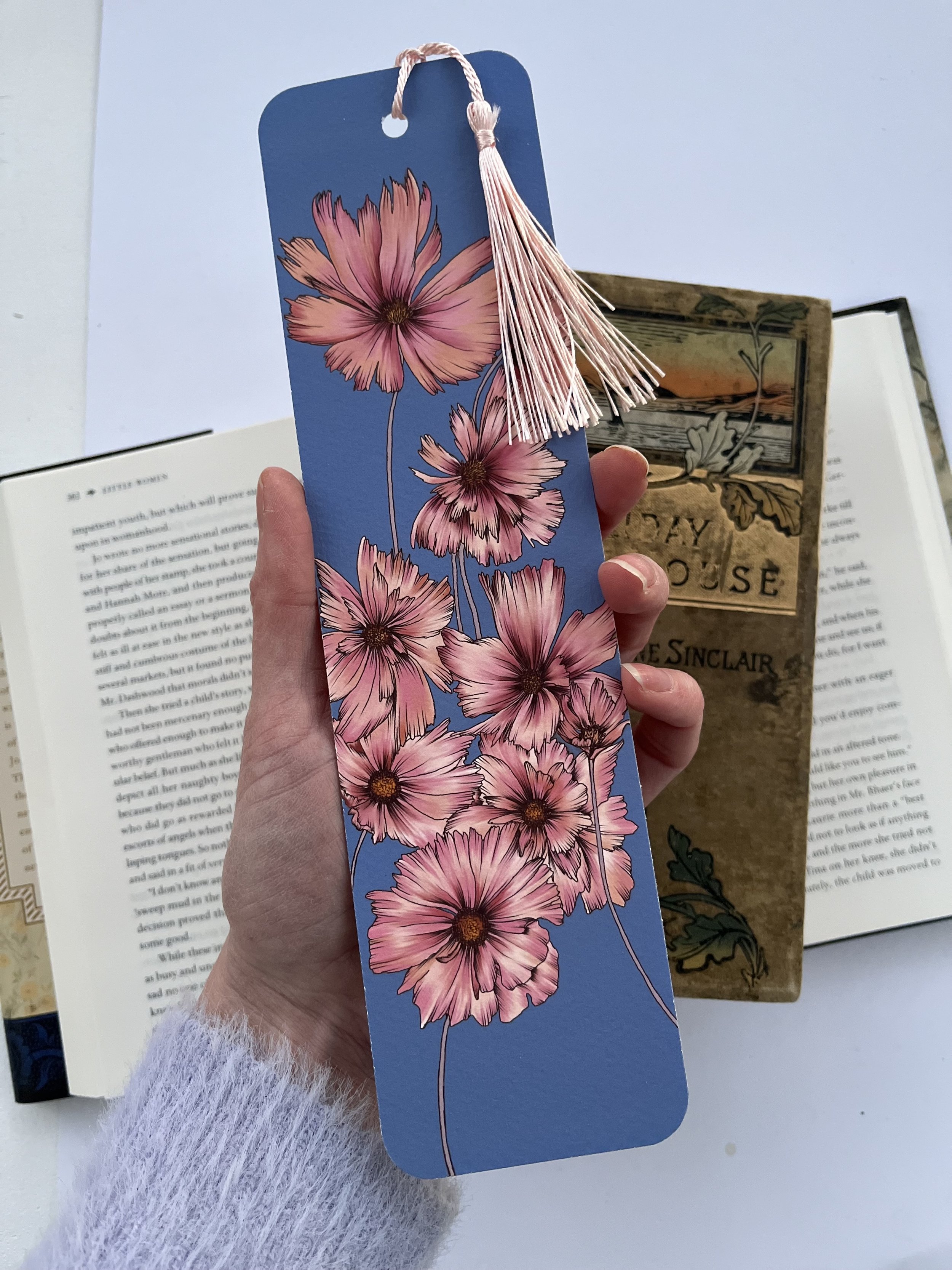 Powder blue bookmark with pink cosmos flowers