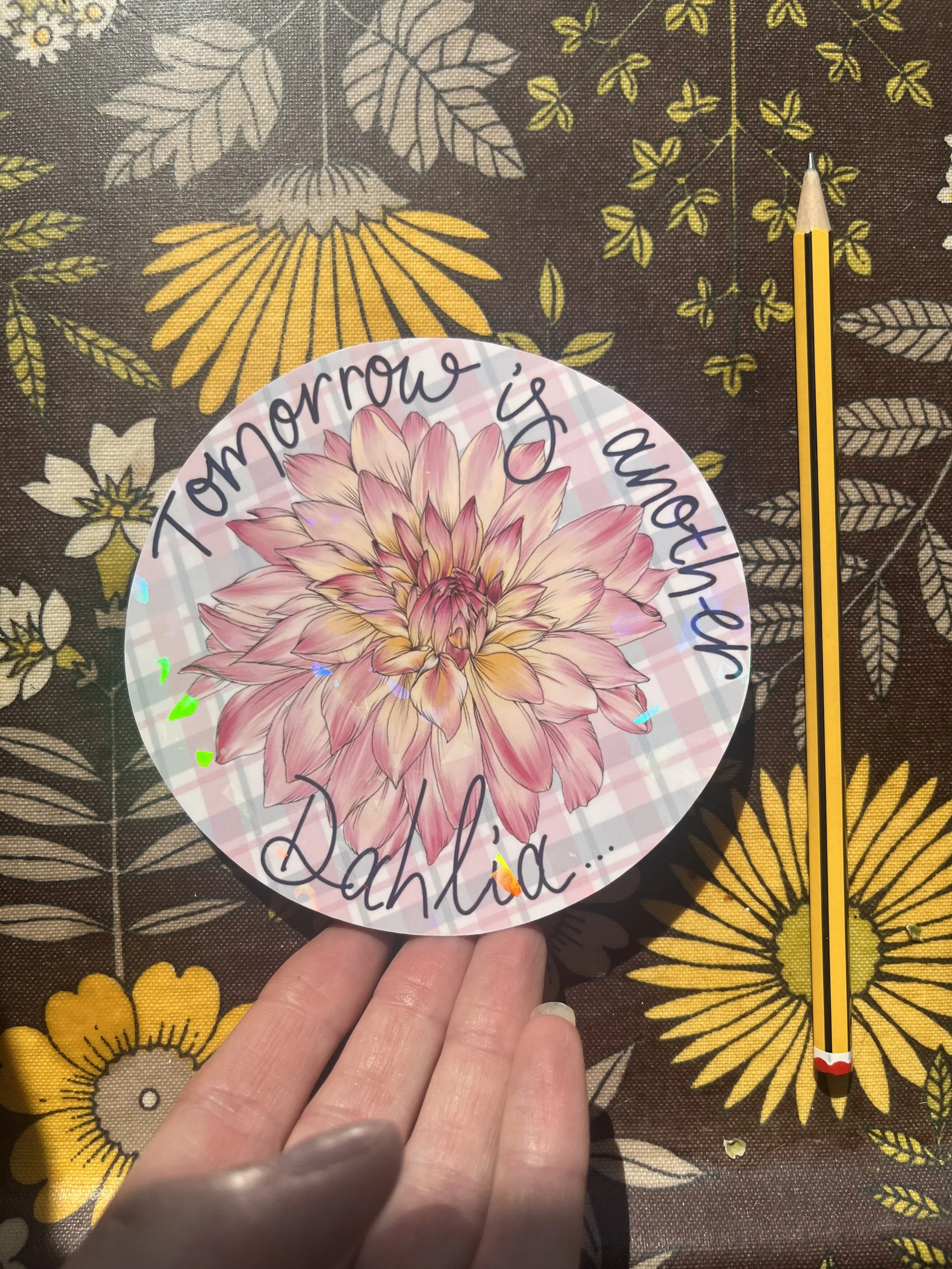 Holographic dahlia vinyl sticker - circular pink sticker