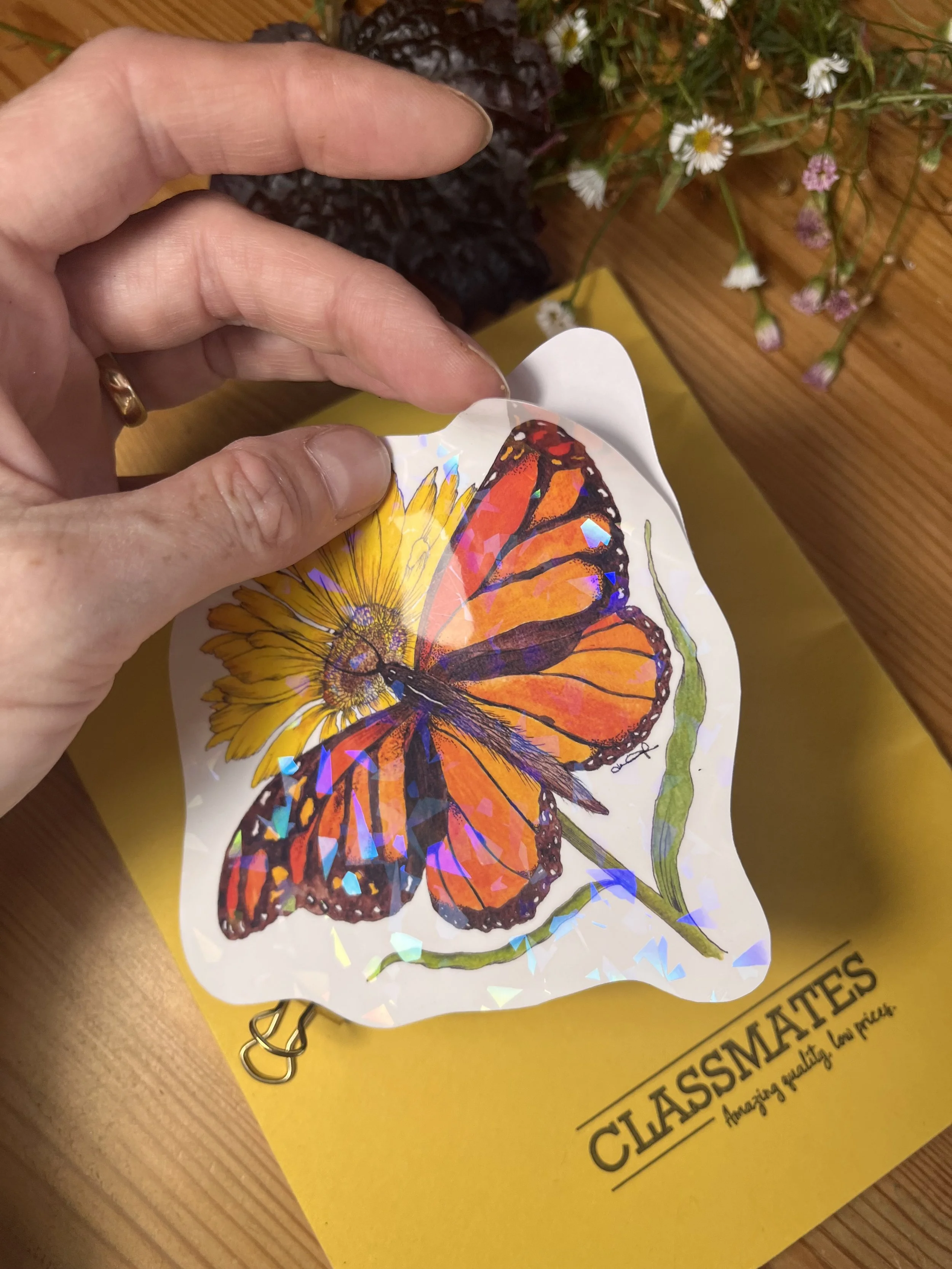 Orange butterfly holographic sticker - the sticker is being peeled open by a persons fingers