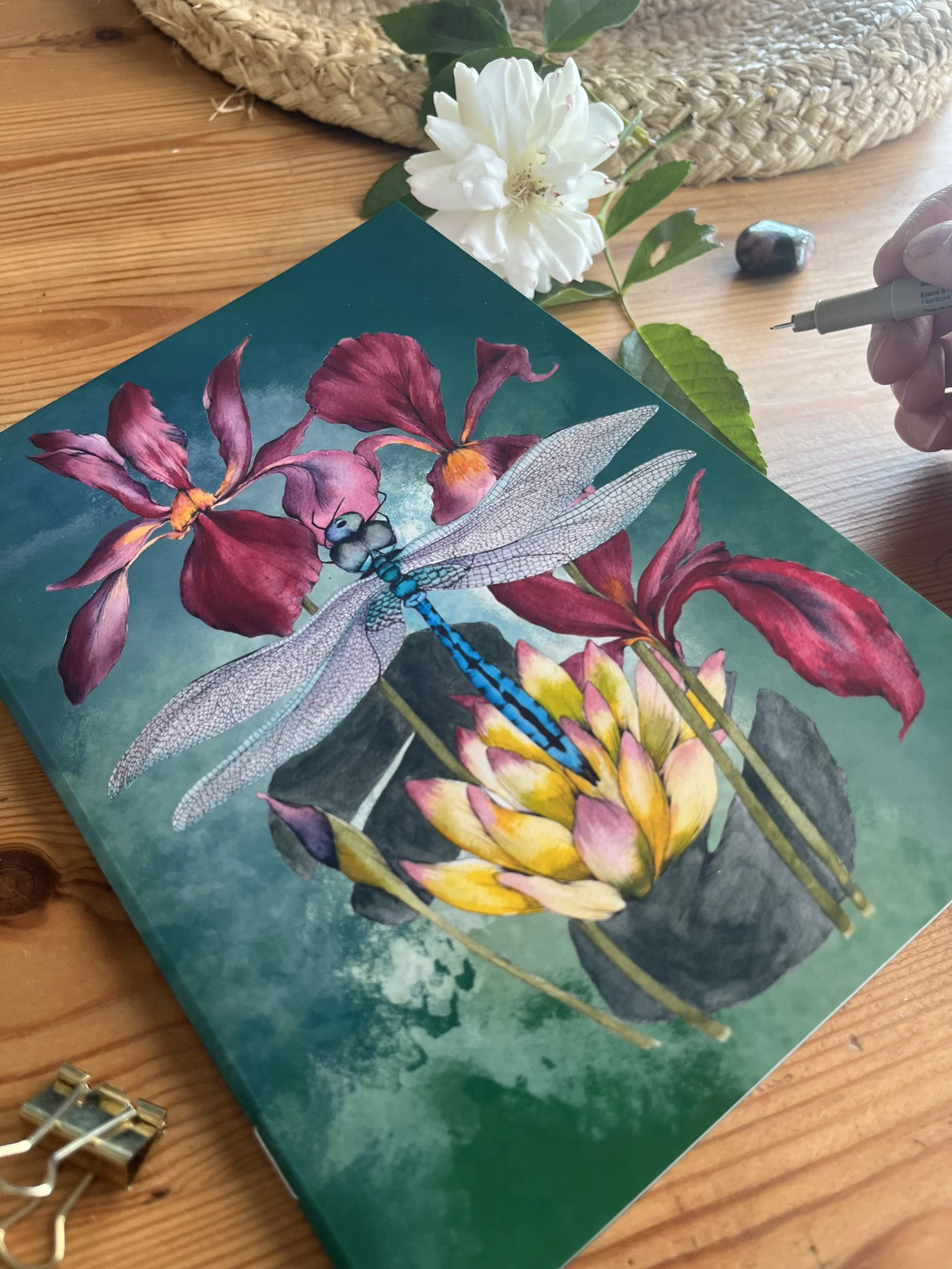 Dragonfly and Iris notebook - jade green notepad