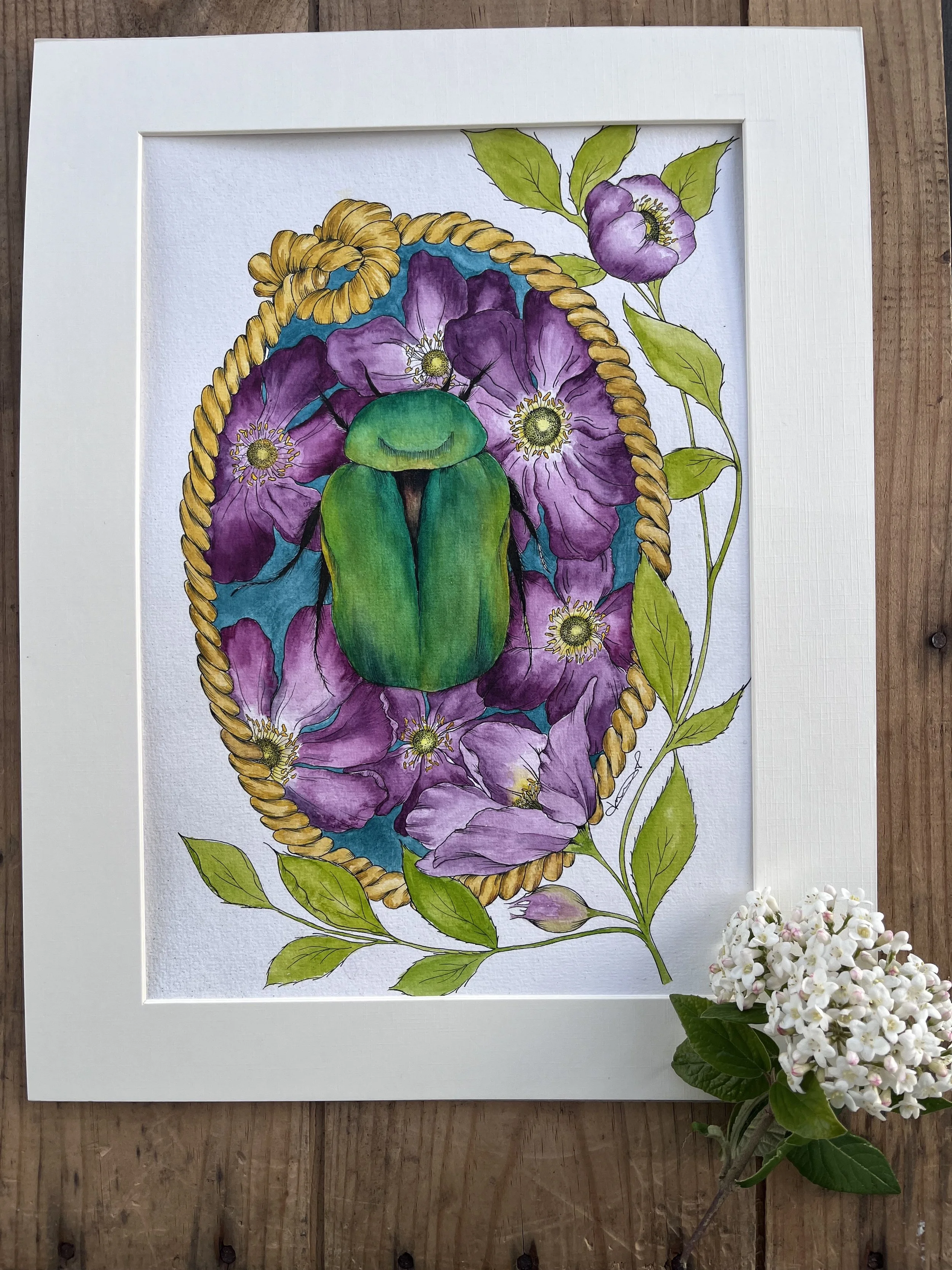 Green beetle original watercolour painting