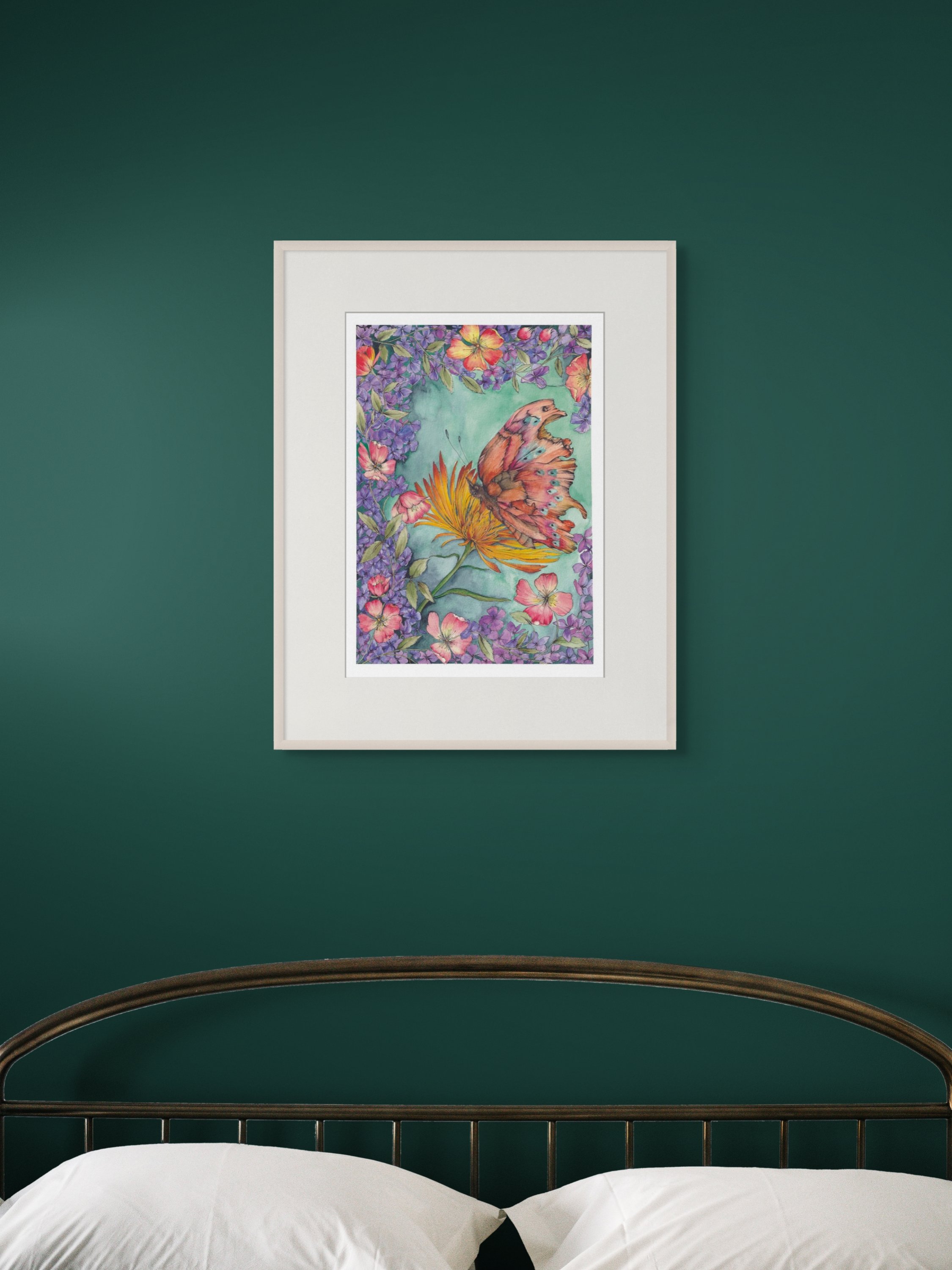 Butterfly and Daisy art print. Purple and turquoise wall art.