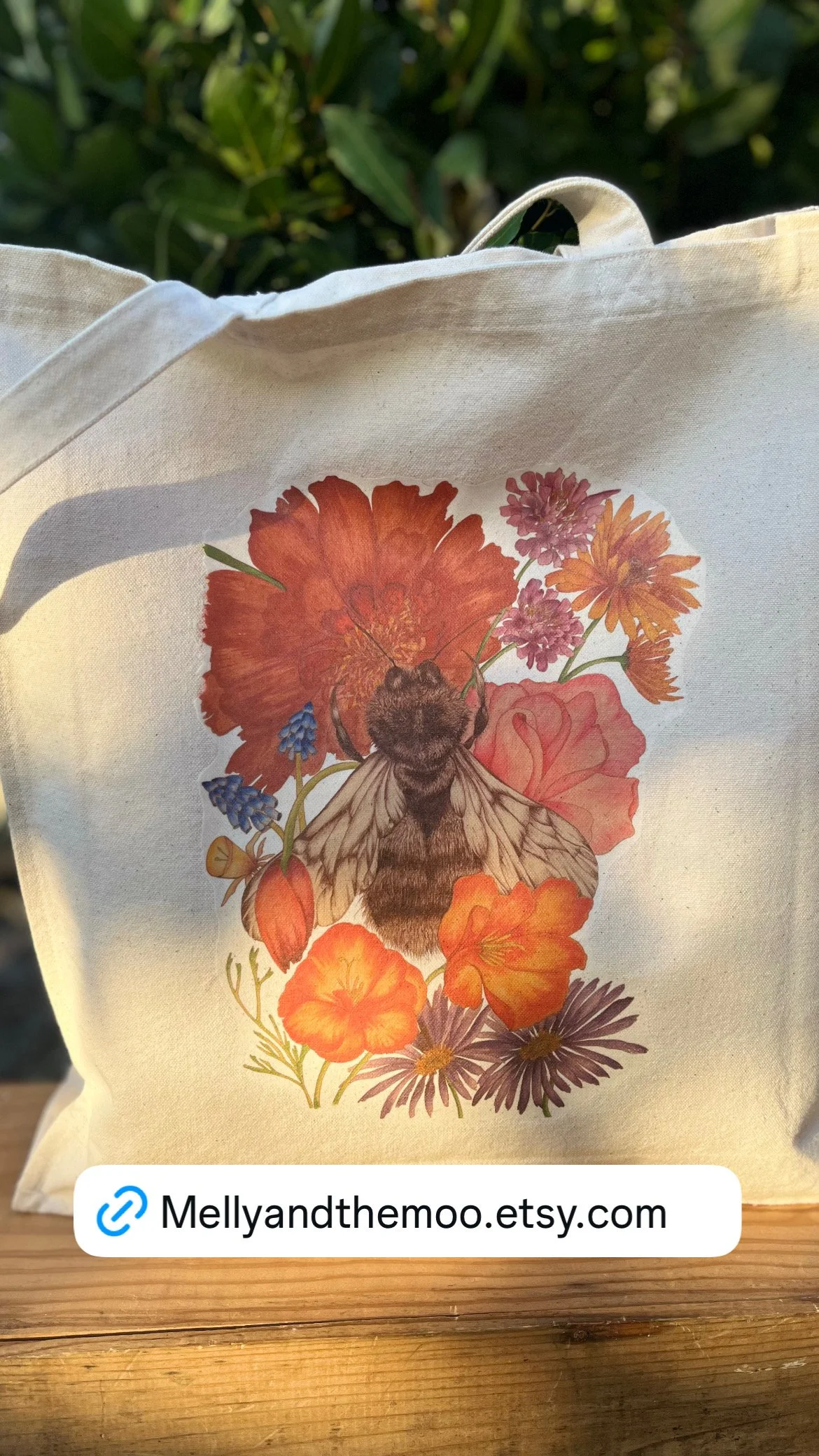 Cotton canvas bumblebee and floral tote bag.