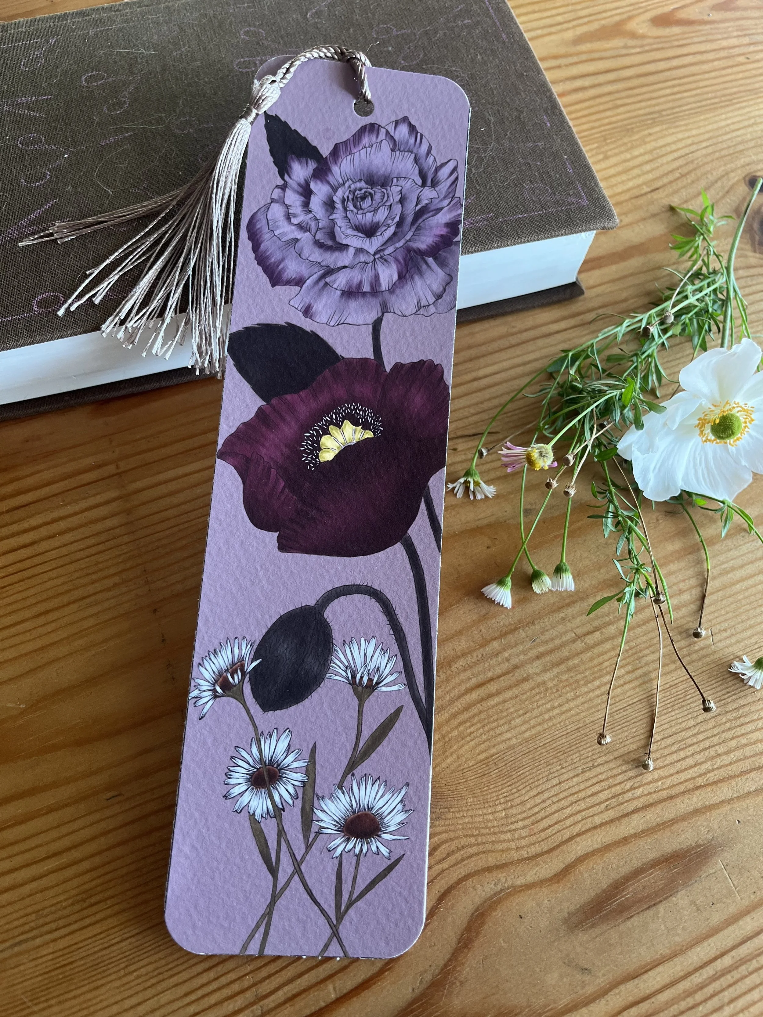 Deep purple poppy bookmark - Lilac tassel bookmark