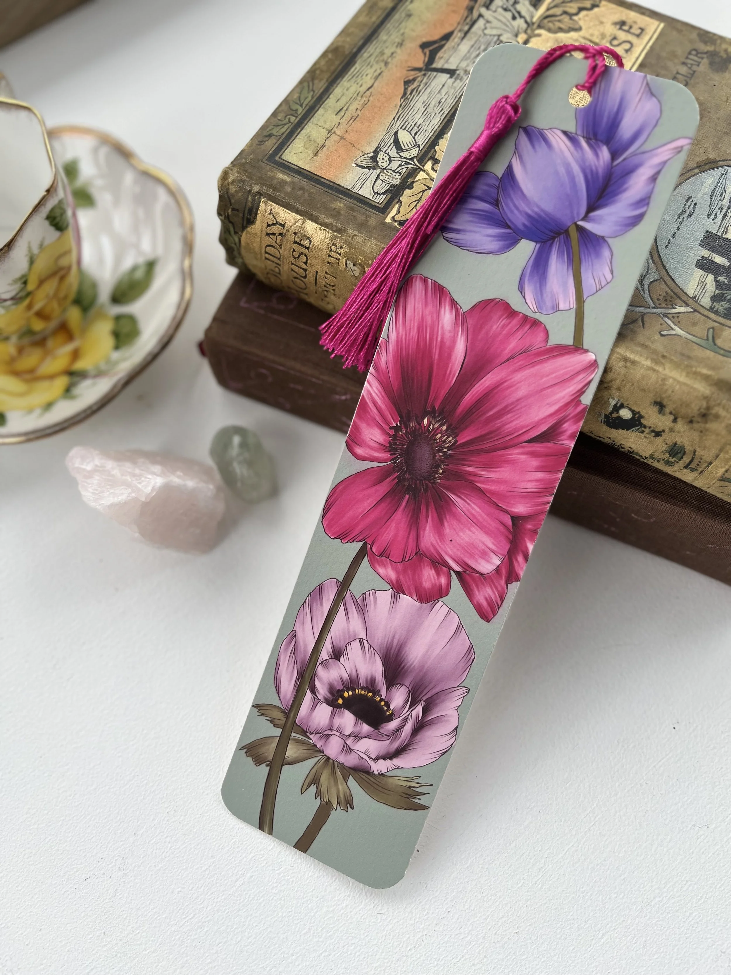Turquoise anemone bookmark - pink flower bookmark.