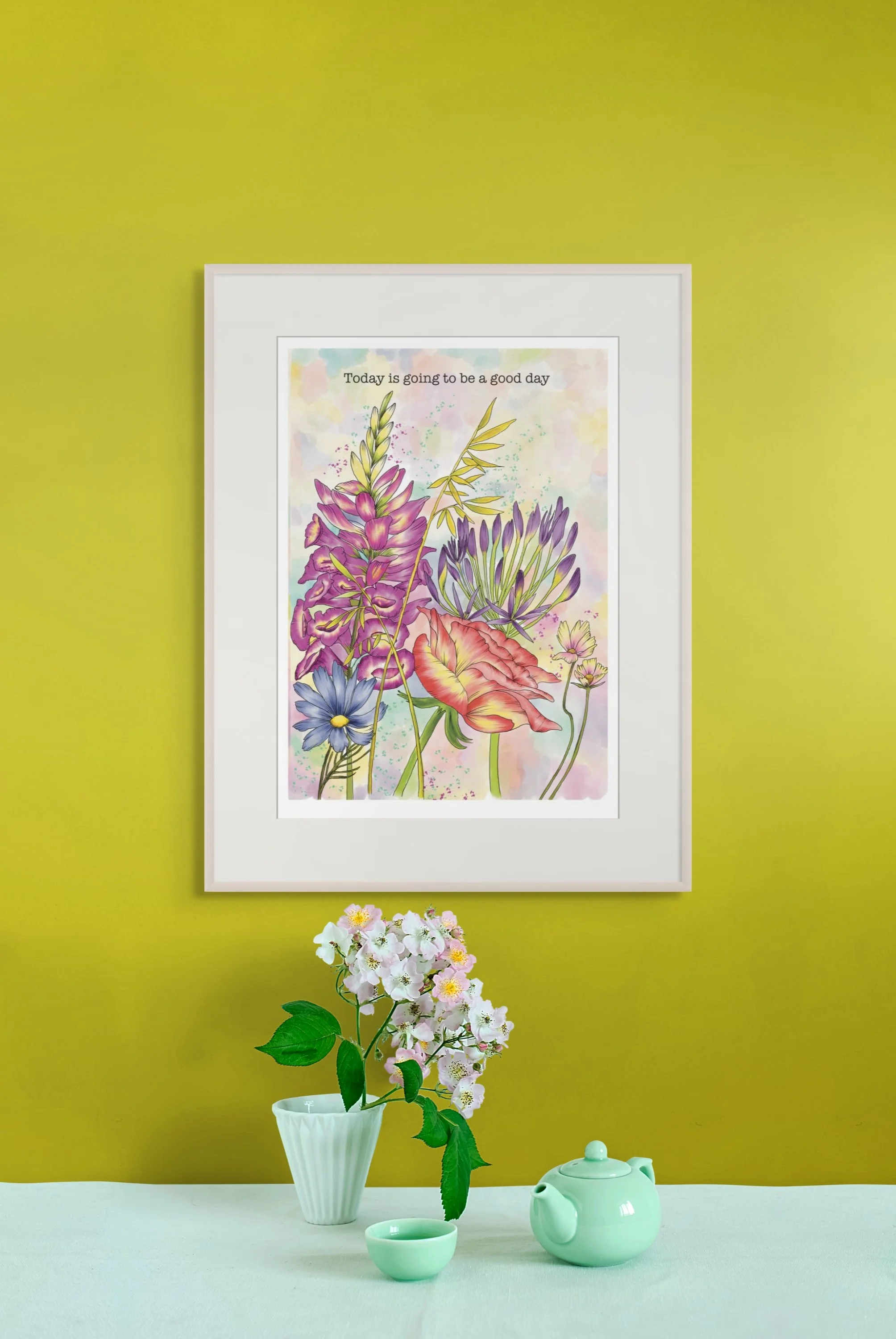 Positive wall art - foxglove and wildflower art print.
