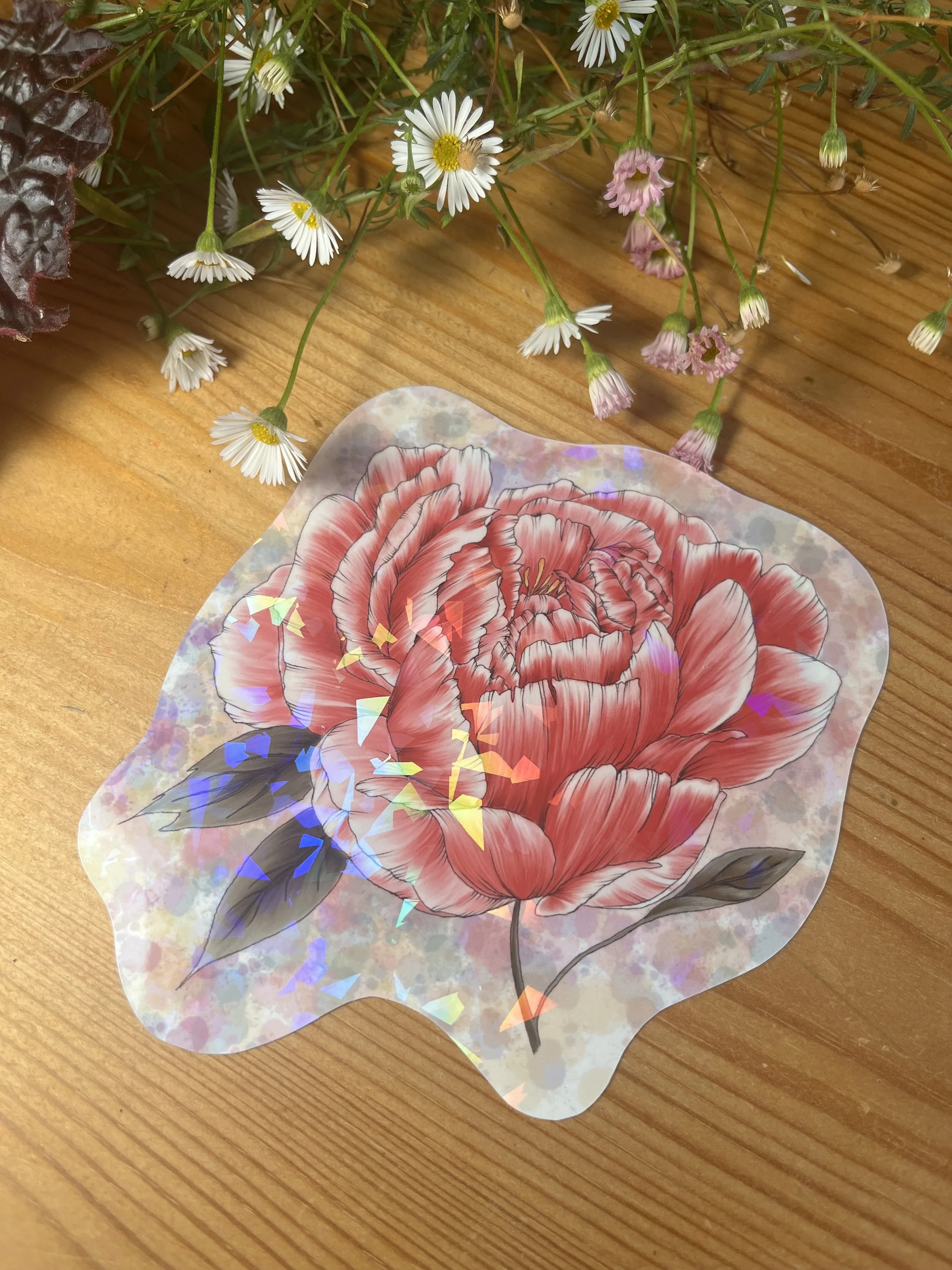 Large holographic peony sticker.