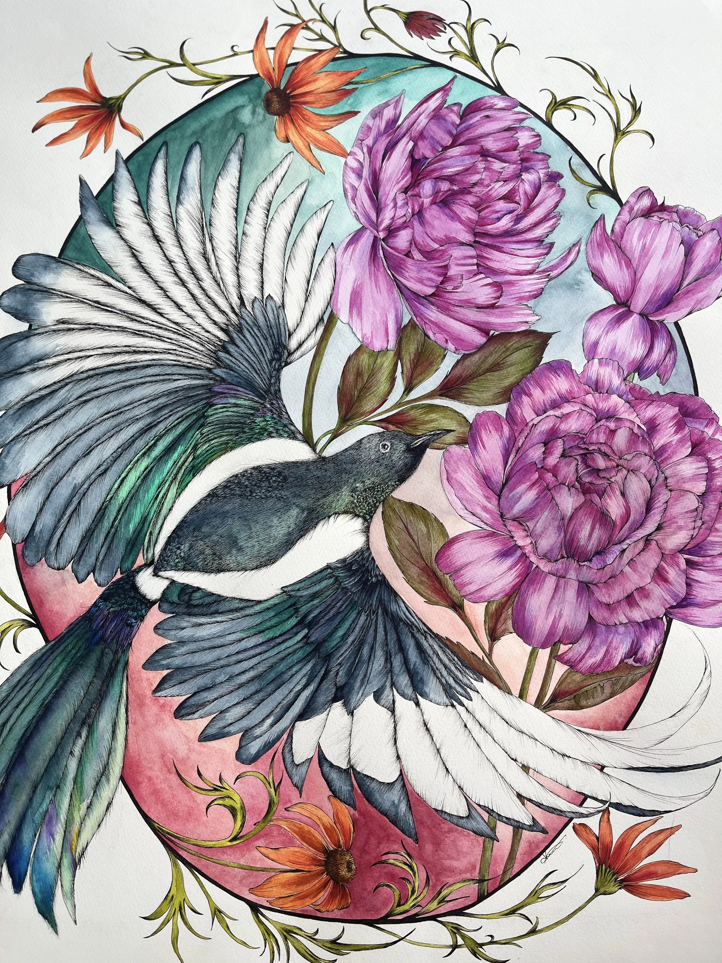 Magpie wall art print - botanical watercolour print