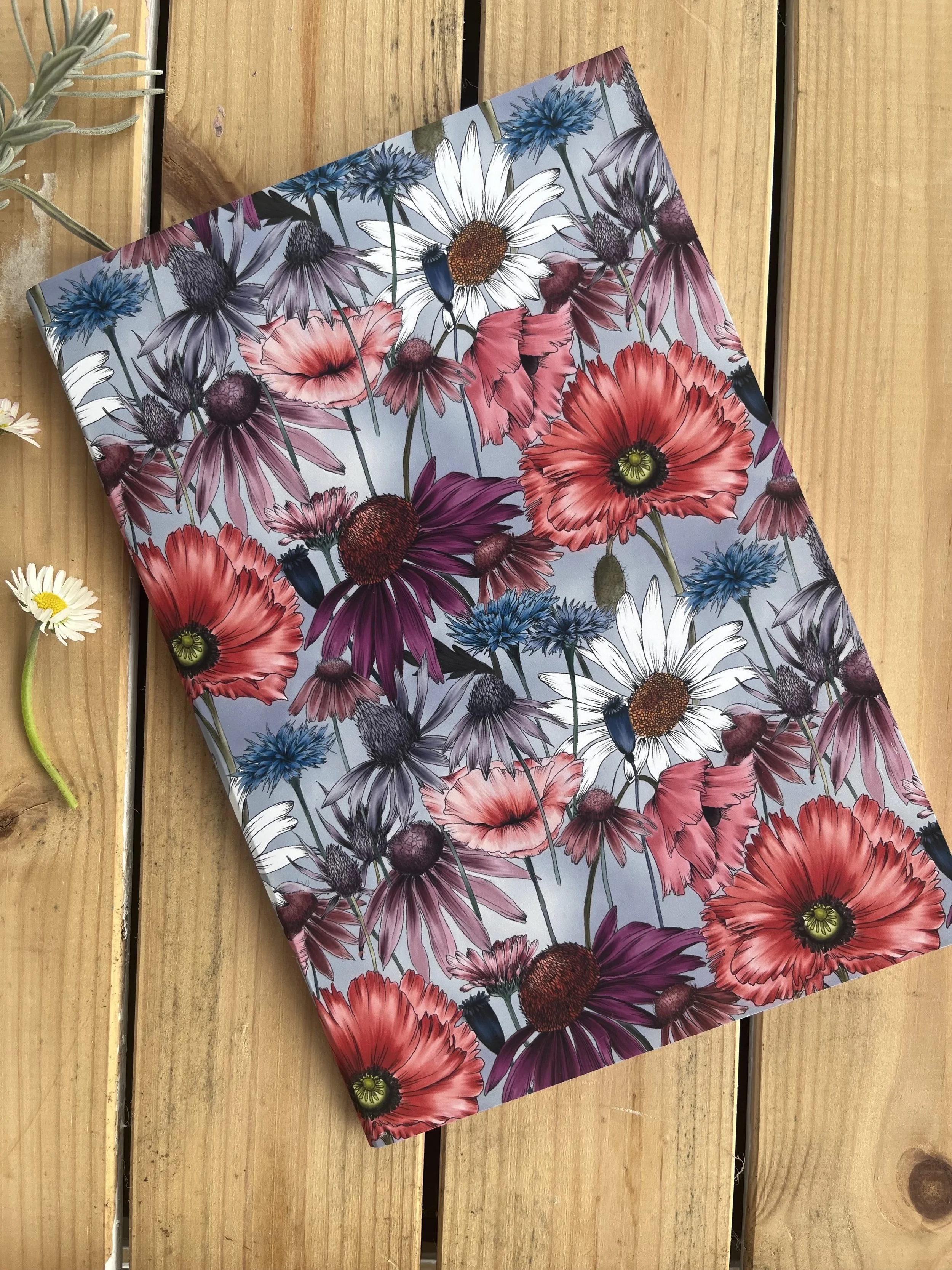 Grey floral notebook - Pale grey poppy and Daisy notepad.