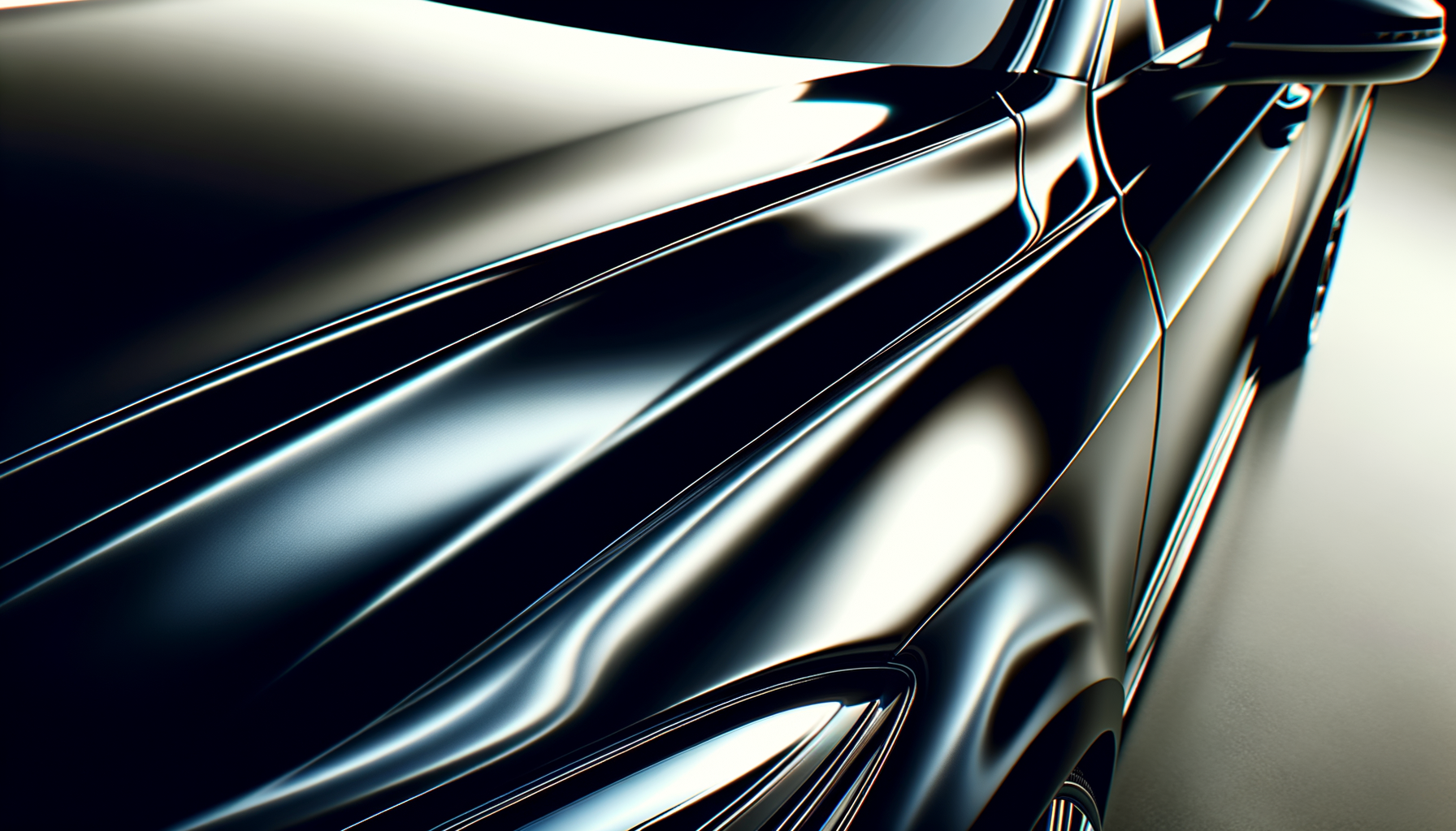 Close-up of a black, shiny car with metallic finish, showing reflections on its smooth surface.