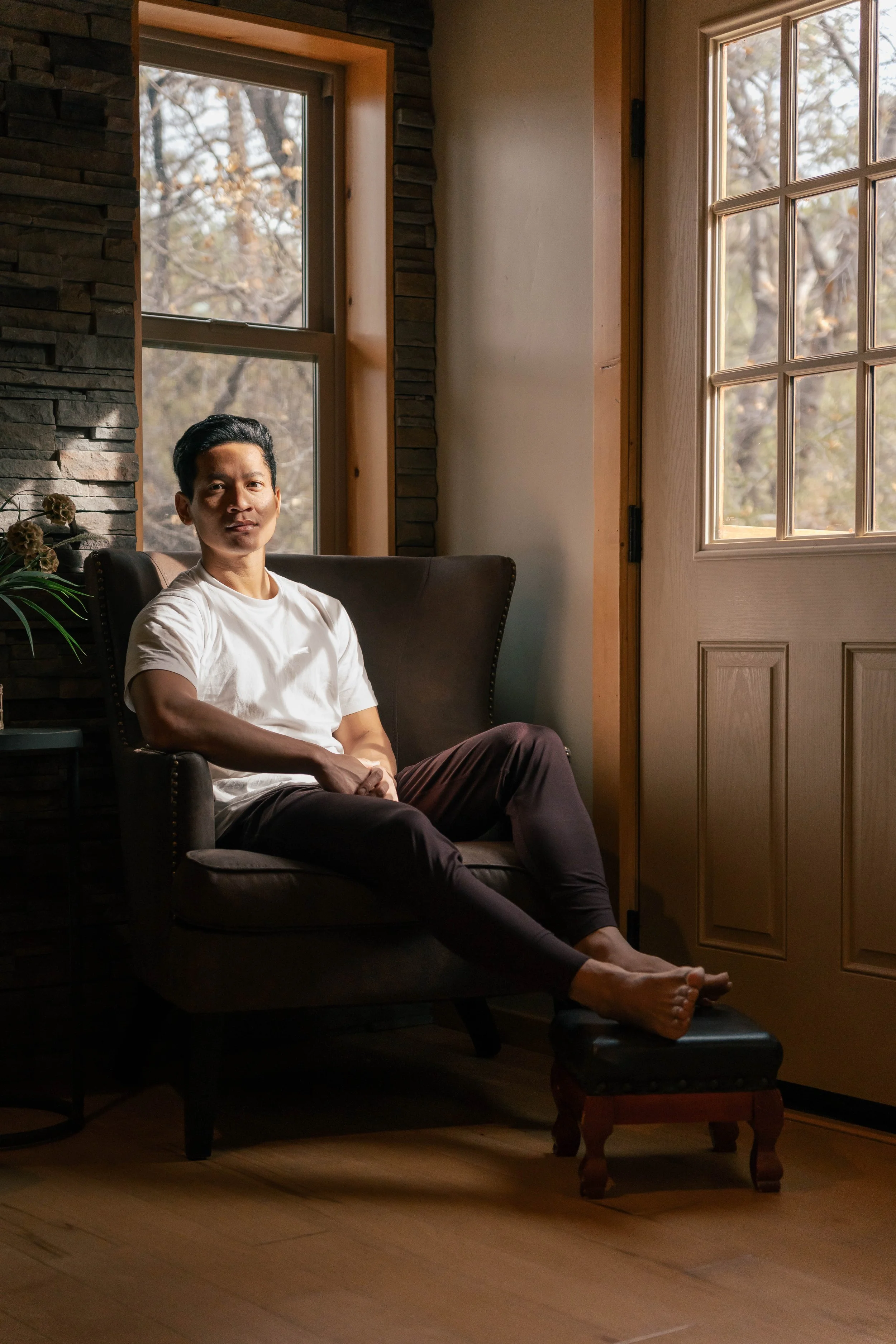 Portrait of a man inside a cabin at Big Bear Lake.
